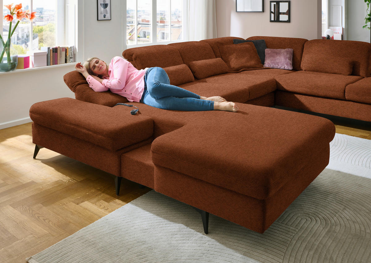 WOHNLANDSCHAFT  in Chenille Rostfarben  - Rostfarben/Schwarz, Design, Textil/Metall (198/364/255cm) - Beldomo Style