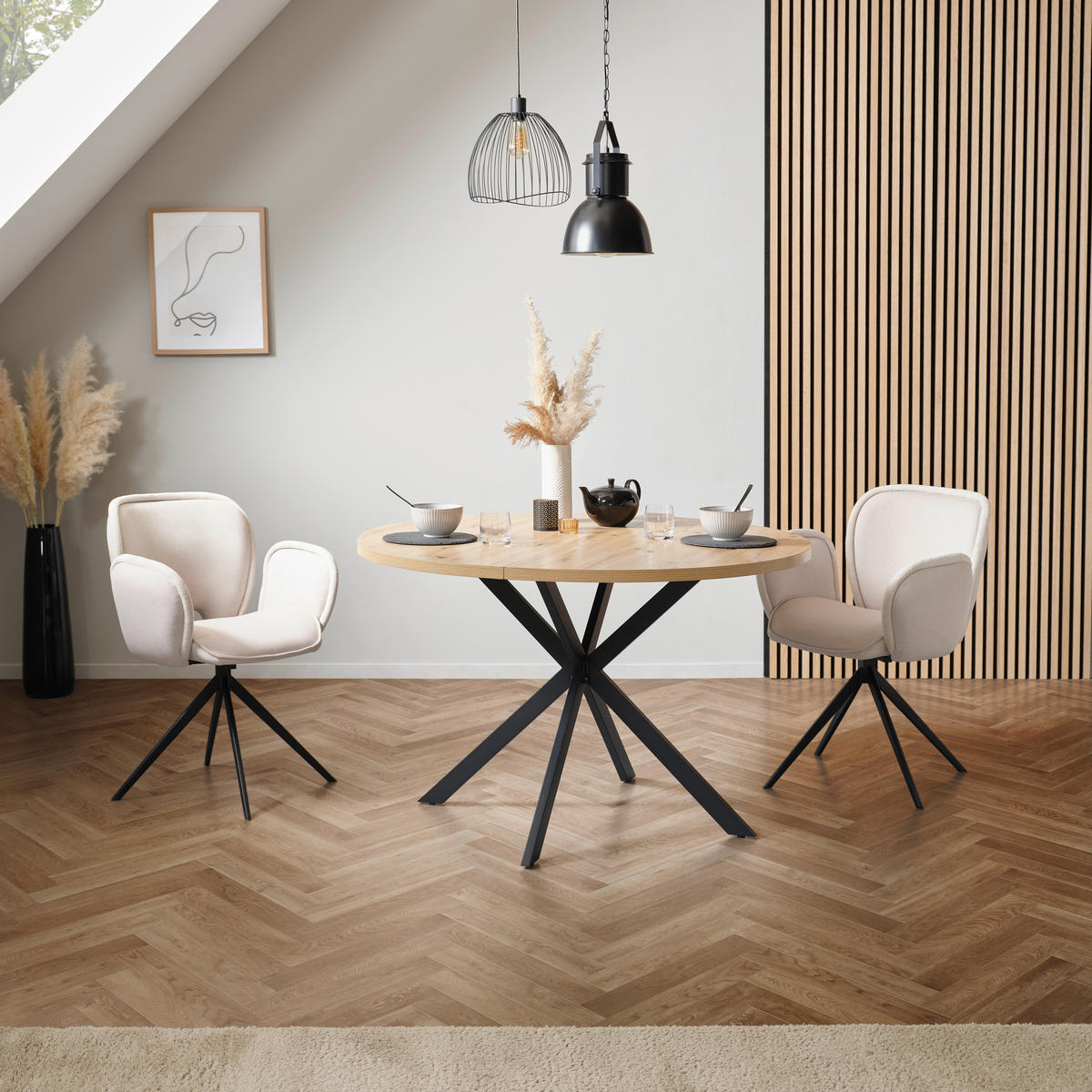 ESSTISCH 120/120/75 cm Nachbildung  Metall, Holzwerkstoff rund Schwarz, Eichefarben  - Eichefarben/Schwarz, Modern, Holzwerkstoff/Metall (120/120/75cm) - MID.YOU