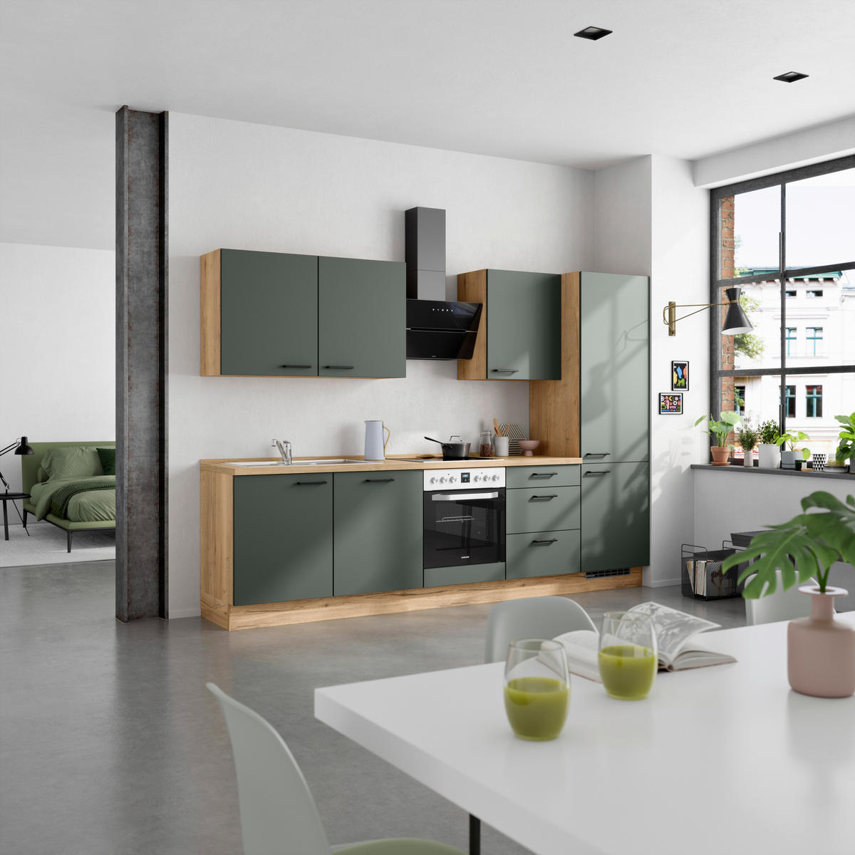 KÜCHENBLOCK Easytouch 300 cm  in Eichefarben, Dunkelgrün  - Dunkelgrün/Eichefarben, MODERN, Holzwerkstoff/Metall (300cm) - Nobilia