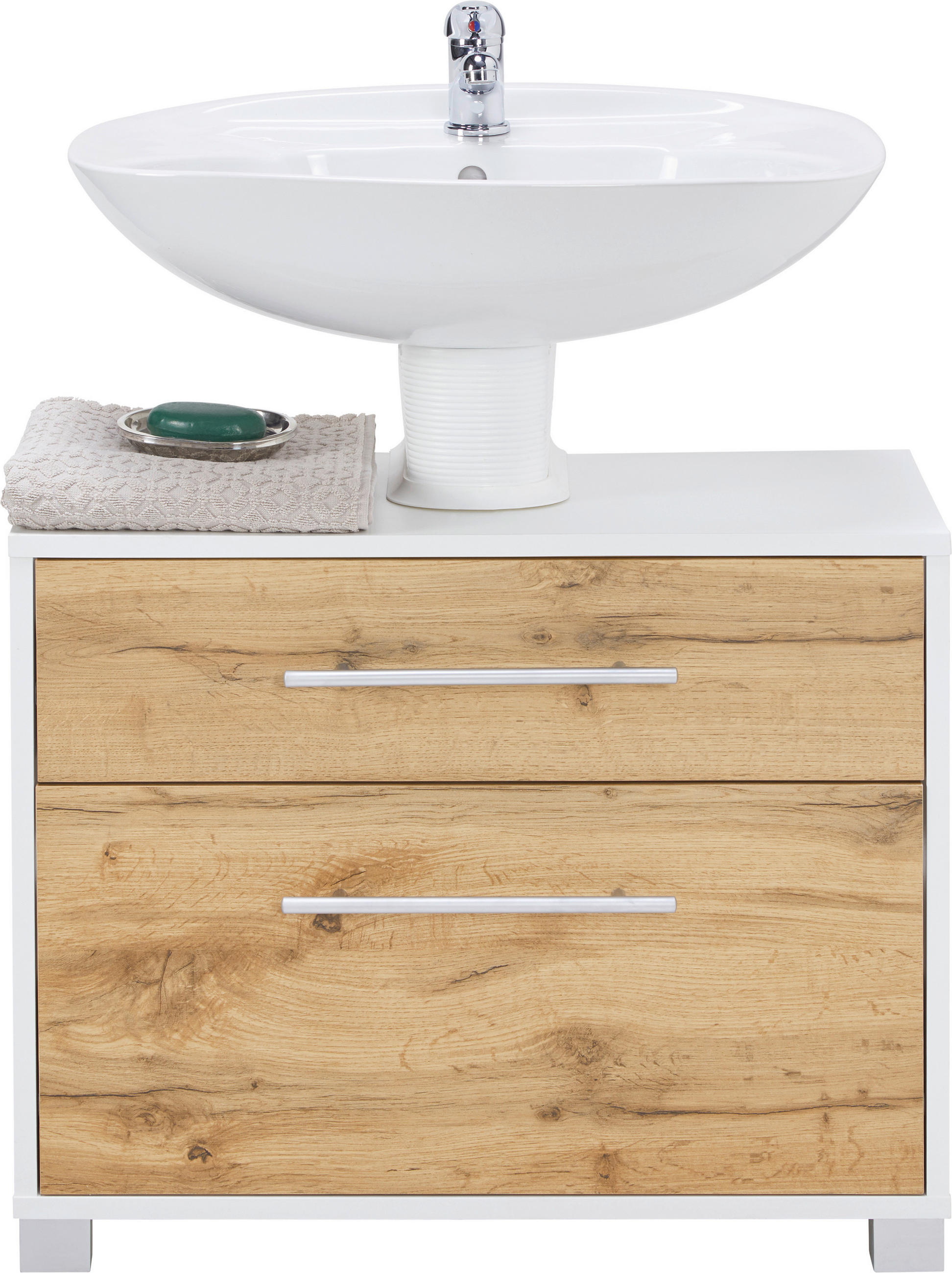 SKŘÍŇKA POD UMYVADLO, barvy dubu, bílá, 65/53/35 cm - bílá/barvy dubu, Moderní, kov/dřevo (65/53/35cm) - Welnova