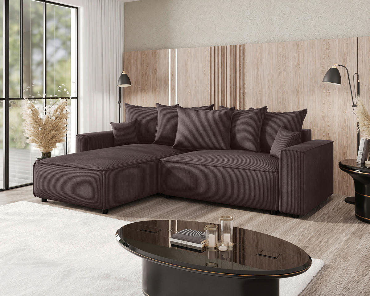 ECKSOFA 190/280 cm MERO in Cord Graubraun Zierkissen, Rückenkissen, Bettkasten  190/280 cm  - Graubraun/Schwarz, MODERN, Kunststoff/Textil (190/280cm) - MID.YOU