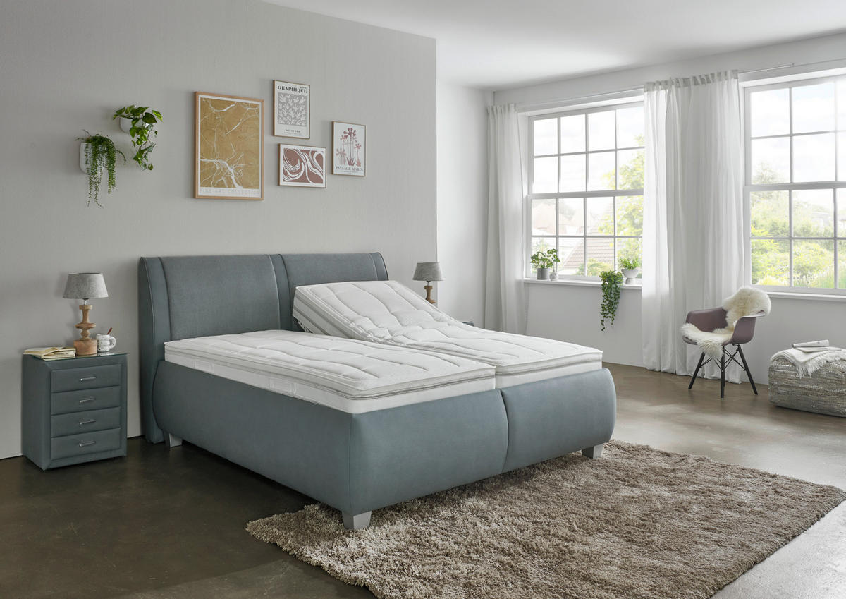 POLSTERBETT 180/200 cm,  in Blaugrau, Matratze, Lattenrost, Bettkasten, unterschiedliche Matratzenhärtegrade je Bettseite, H2 + H2 = mittel  - Silberfarben/Blaugrau, Design, Holzwerkstoff/Kunststoff (180/200cm) - Beldomo - Sleep