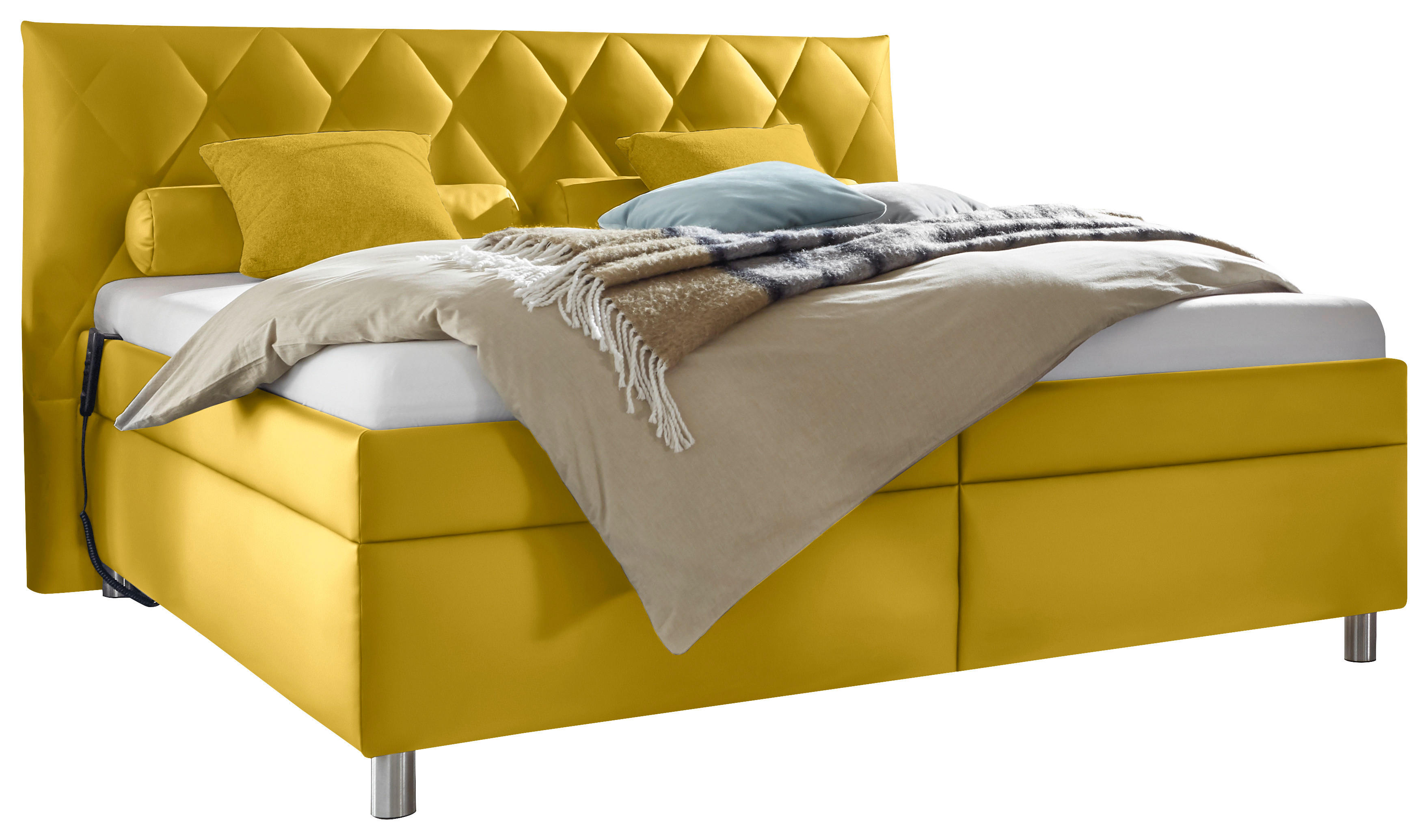 POLSTERBETT Matratze, gepolstertes Kopfteil, Lattenrost, Bettkasten, motorische Verstellbarkeit Gelb 160/200 cm  - Gelb/Silberfarben, KONVENTIONELL, Holz/Textil (160/200cm) - Esposa