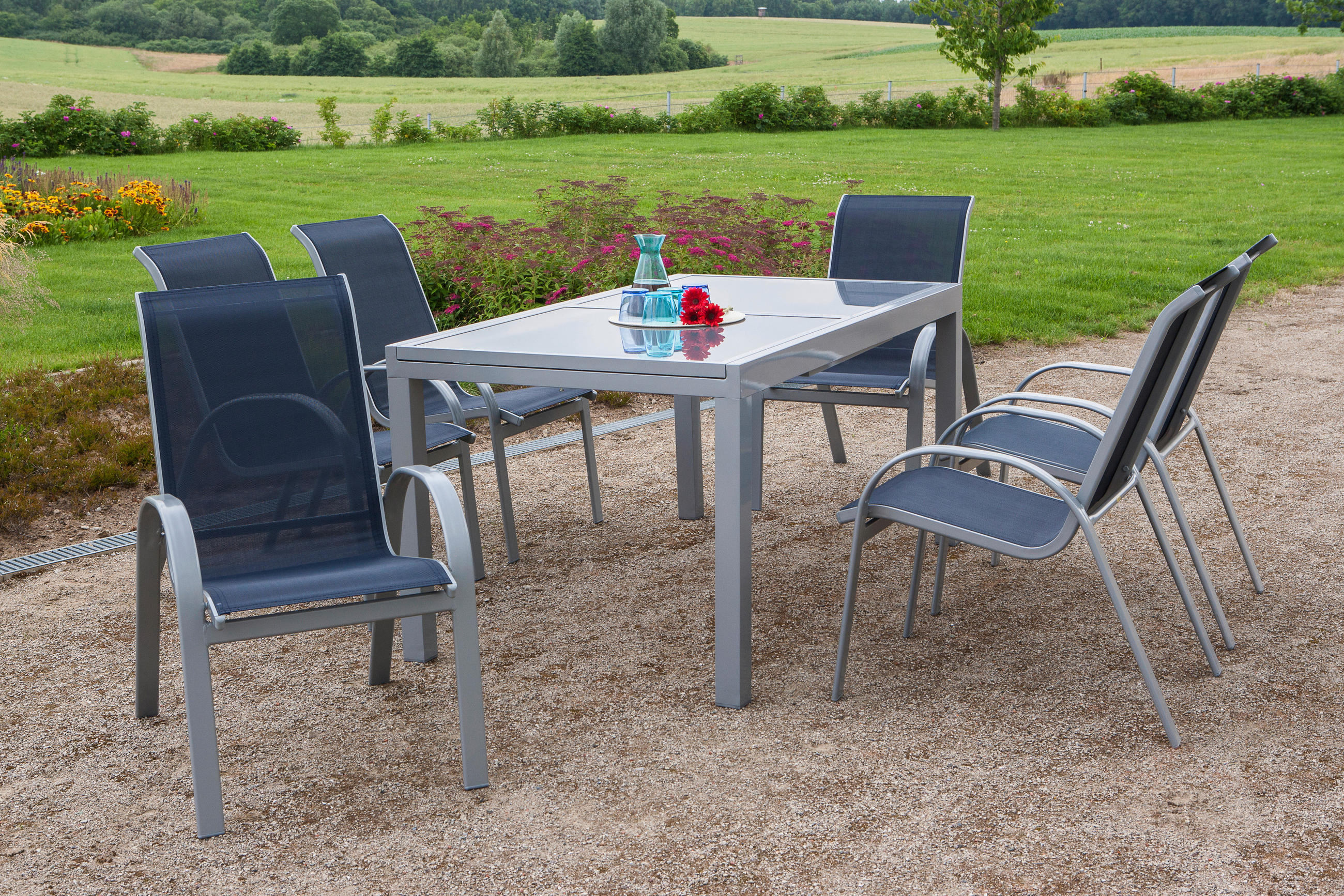 GARTENTISCHGRUPPE Netzbespannung Aluminium  - Blau/Silberfarben, ROMANTIK / LANDHAUS, Glas/Textil - Gardenson
