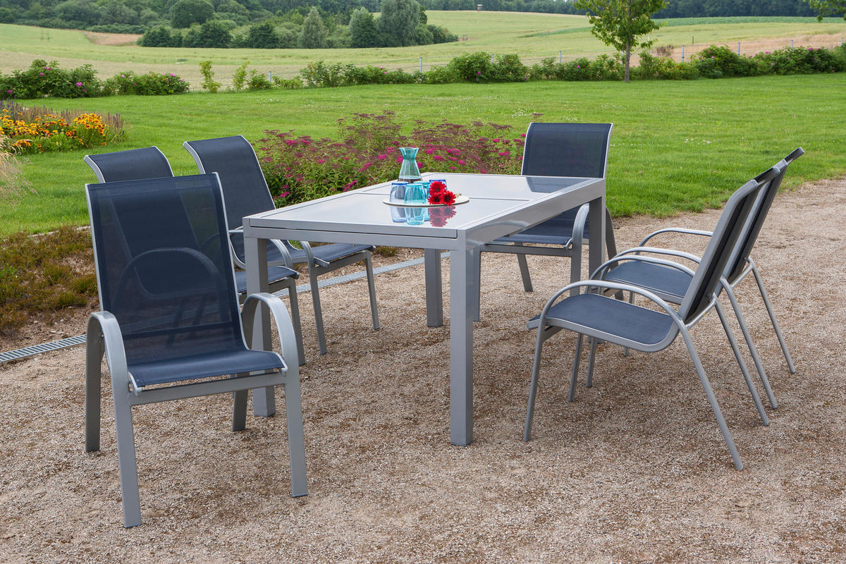 GARTENTISCHGRUPPE Netzbespannung Aluminium  - Blau/Silberfarben, ROMANTIK / LANDHAUS, Glas/Textil - Gardenson