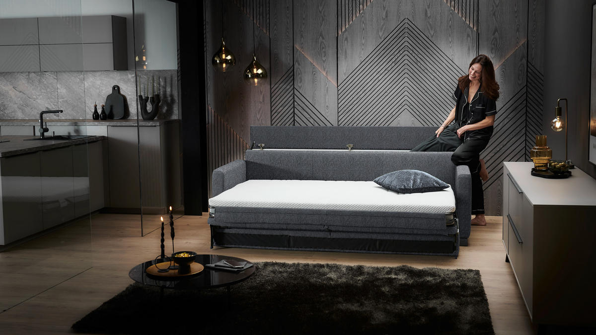SCHLAFSOFA Flachgewebe Anthrazit haustierfreundlicher Bezug, Armteil rechts, Armteil links, Bettfunktion erhältlich, Schlafen auf Sitzhöhe, Stoffauswahl  - Anthrazit/Schwarz, Konventionell, Textil/Metall (232/77/116cm) - Dieter Knoll