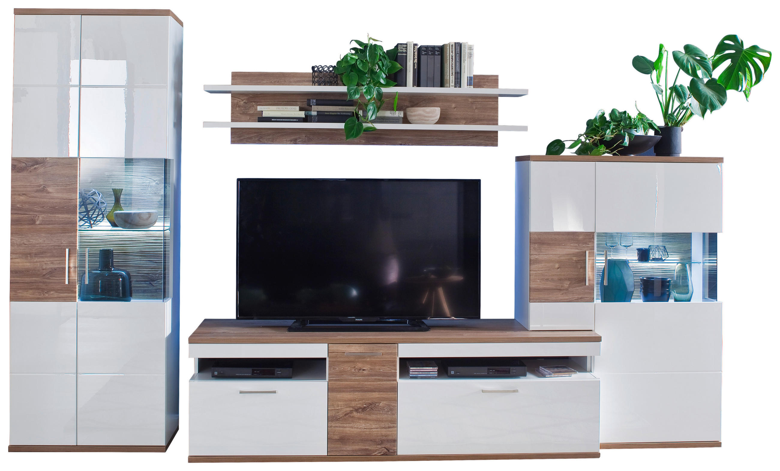 WOHNWAND  in Weiß, Eichefarben  320/199/50 cm  - Eichefarben/Weiß, Design, Glas/Holzwerkstoff (320/199/50cm) - Livetastic