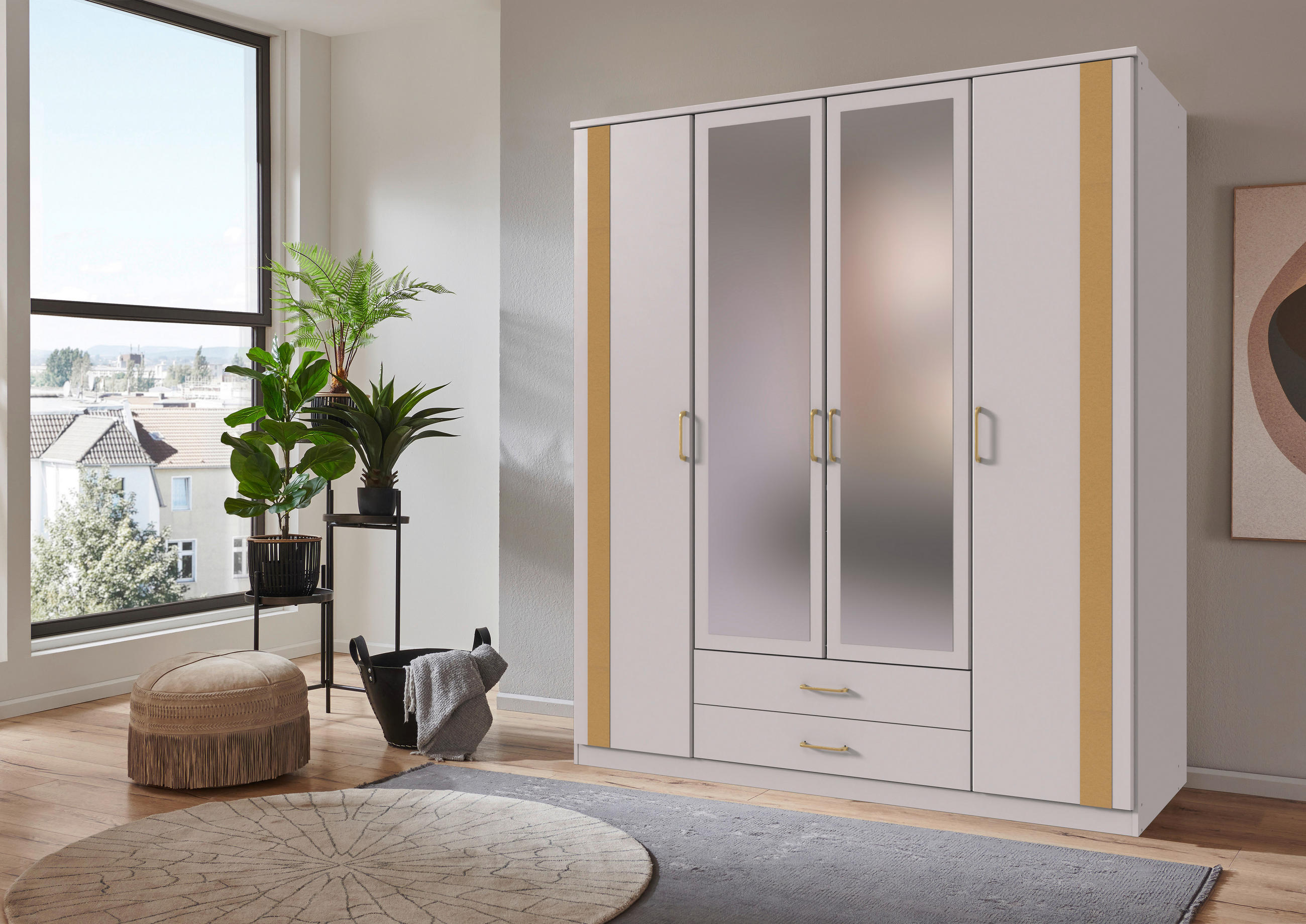 DREHTÜRENSCHRANK  in Weiß, Goldfarben  - Goldfarben/Weiß, Design, Glas/Holzwerkstoff (180/199/58cm) - Carryhome