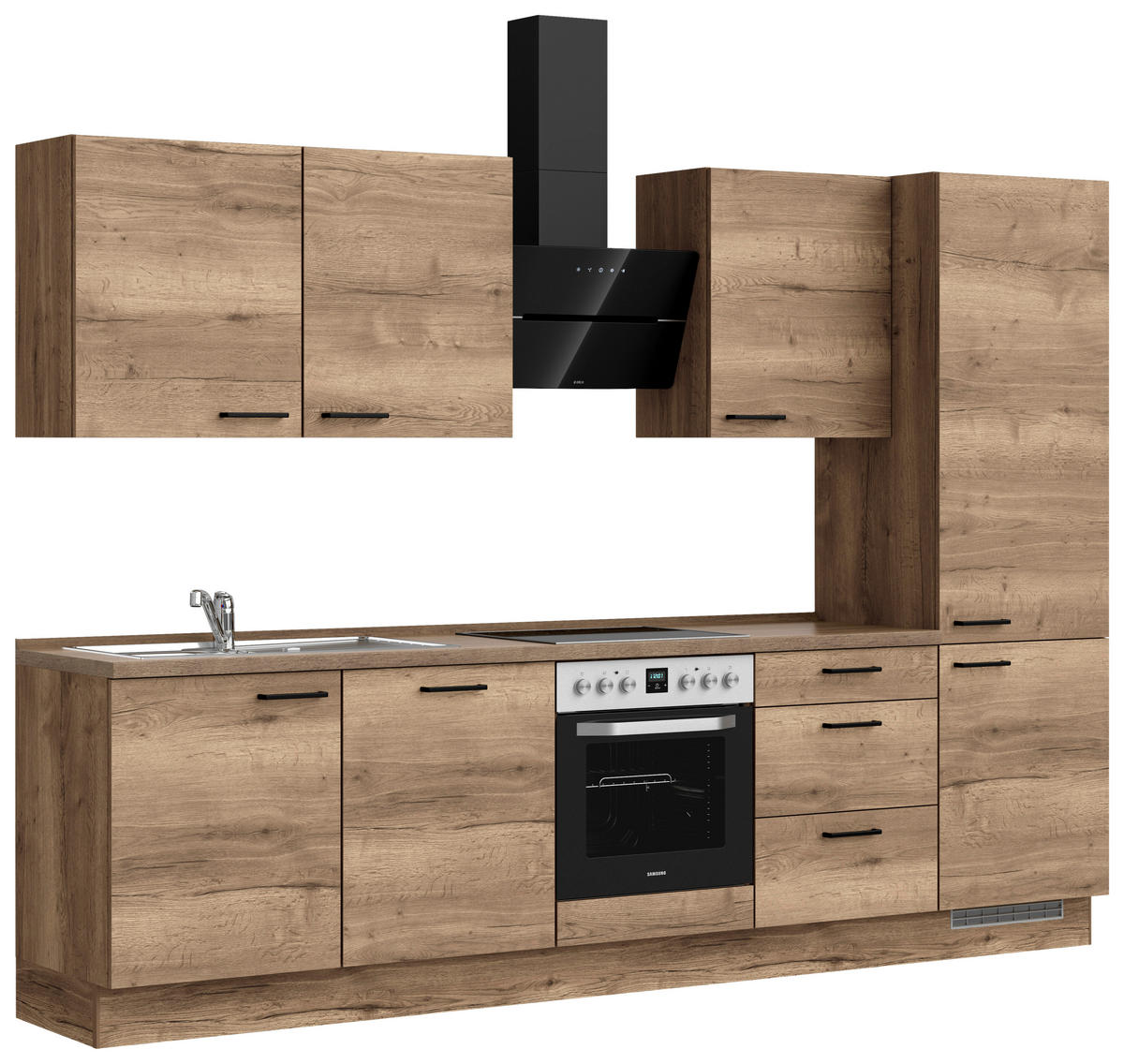 BUCĂTĂRIE FĂRĂ ELECTROCASNICE  - stejar închis la culoare/negru, Modern, metal/material pe bază de lemn (300cm) - Nobilia
