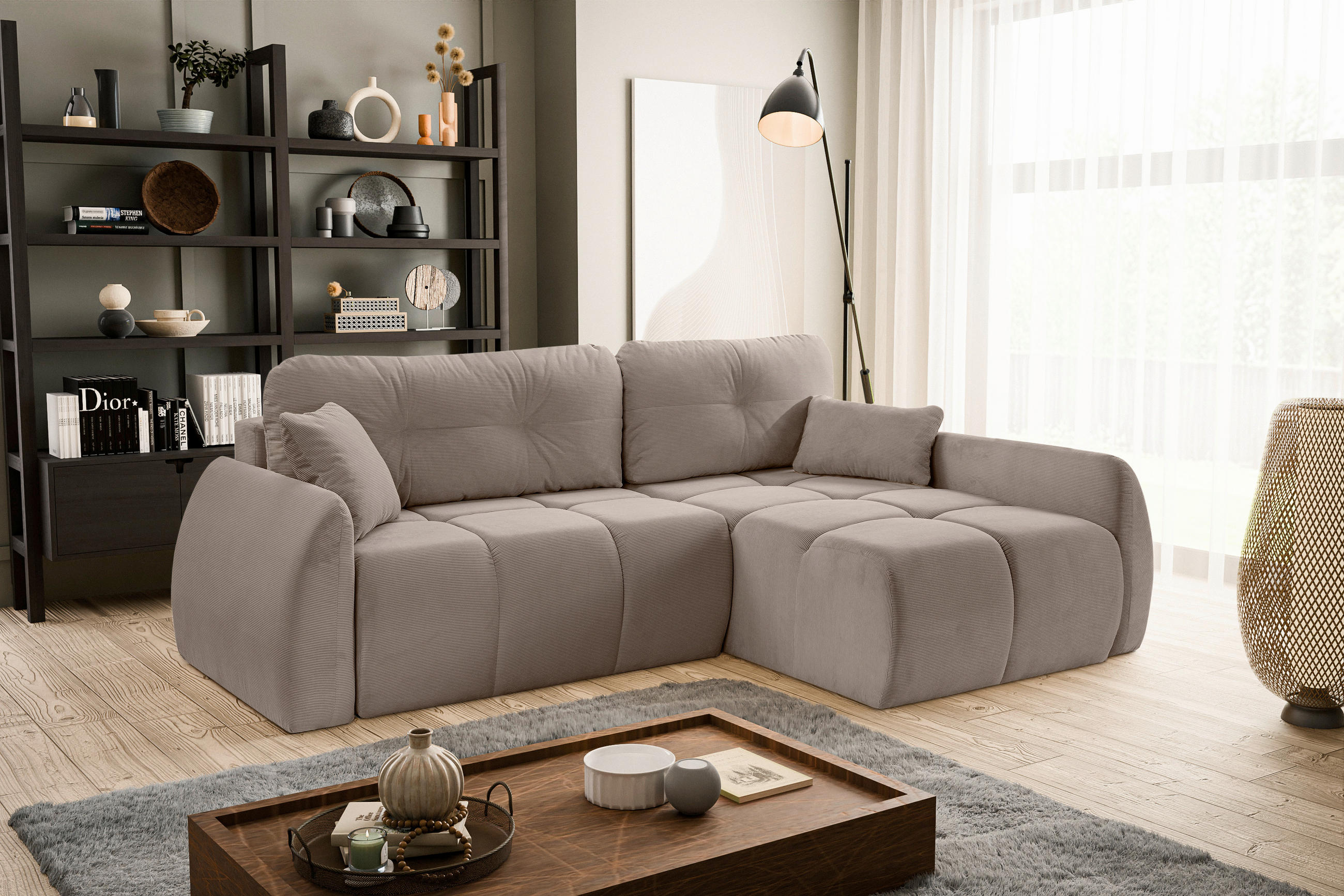 ECKSOFA Beigebraun Cord  - Beigebraun/Schwarz, Basics, Kunststoff/Textil (255/155cm) - MID.YOU