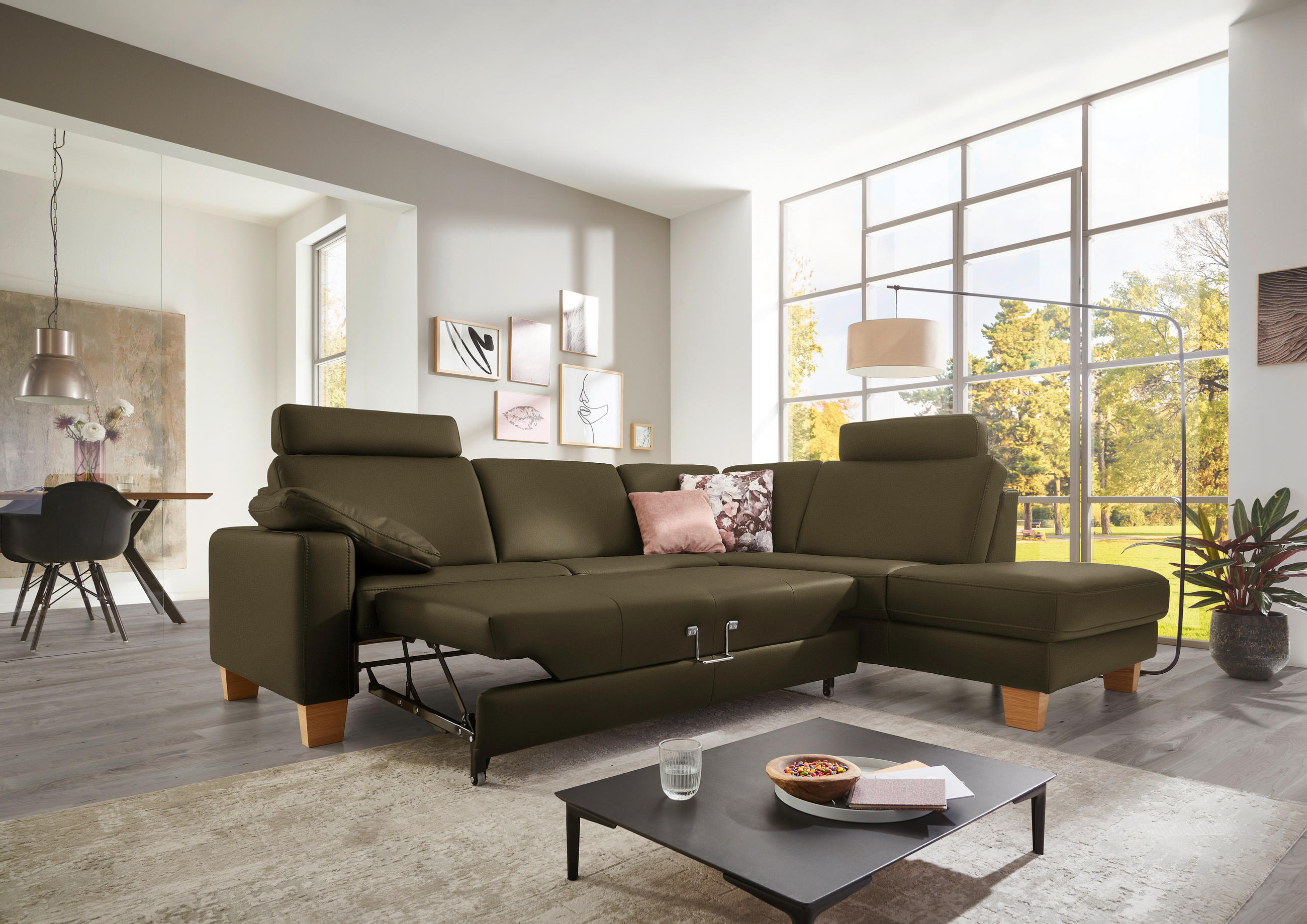 ECKSOFA in Echtleder Olivgrün  - Eiche Bianco/Olivgrün, Konventionell, Leder/Holz (257/235cm) - Valdera