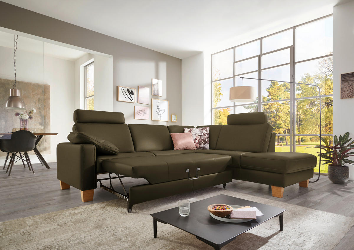 ECKSOFA in Echtleder Olivgrün  - Eiche Bianco/Olivgrün, Konventionell, Leder/Holz (257/235cm) - Valdera