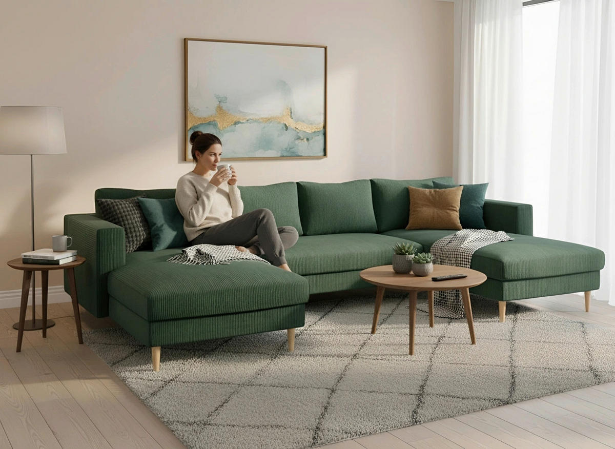 WOHNLANDSCHAFT Dunkelgrün Cord  - Dunkelgrün/Buchefarben, MODERN, Holz/Textil (161/306/161cm) - Trendmanufaktur