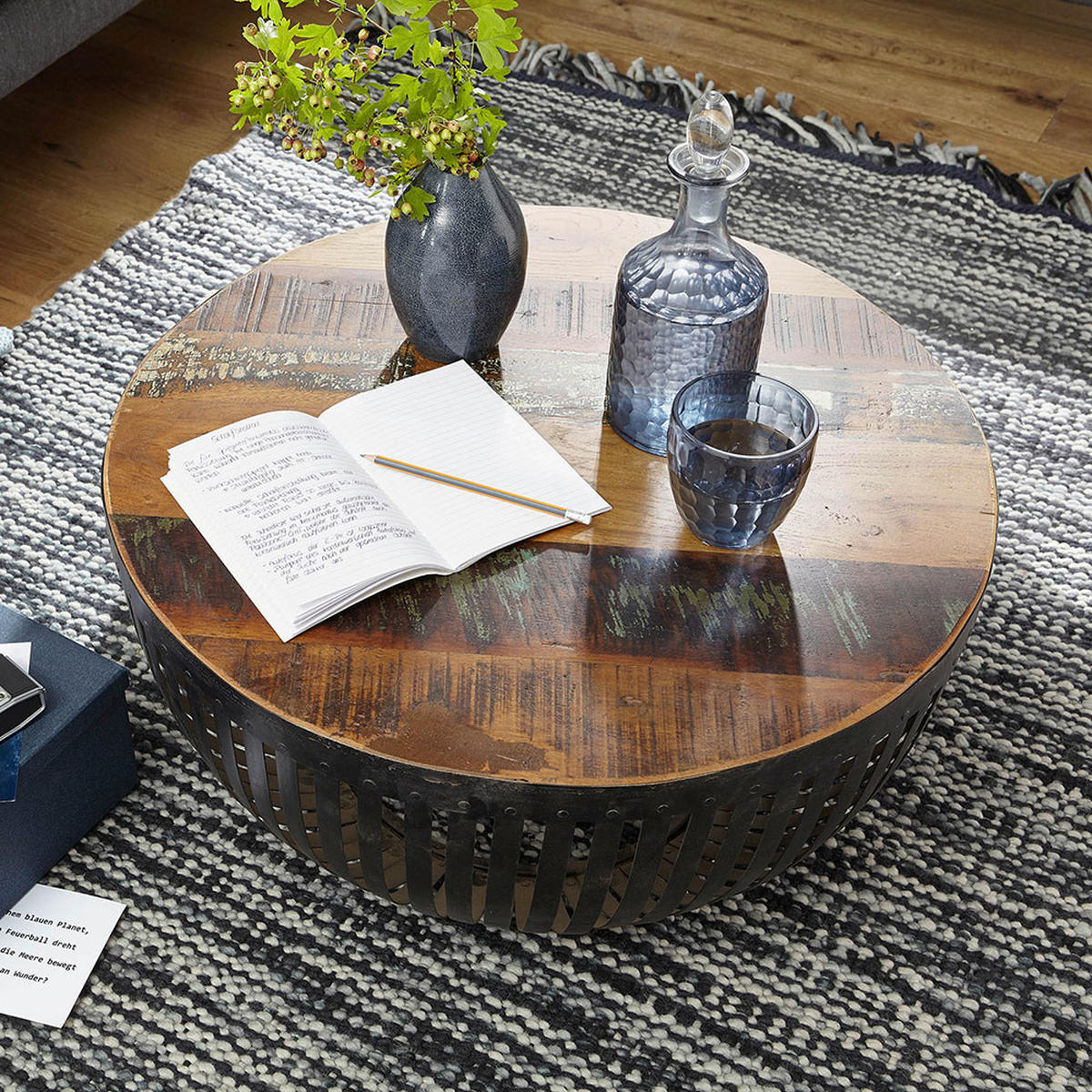 COUCHTISCH Recyclingholz massiv 70/70/33 cm rund Braun  - Schwarz/Braun, Design, Holz/Metall (70/70/33cm) - MID.YOU