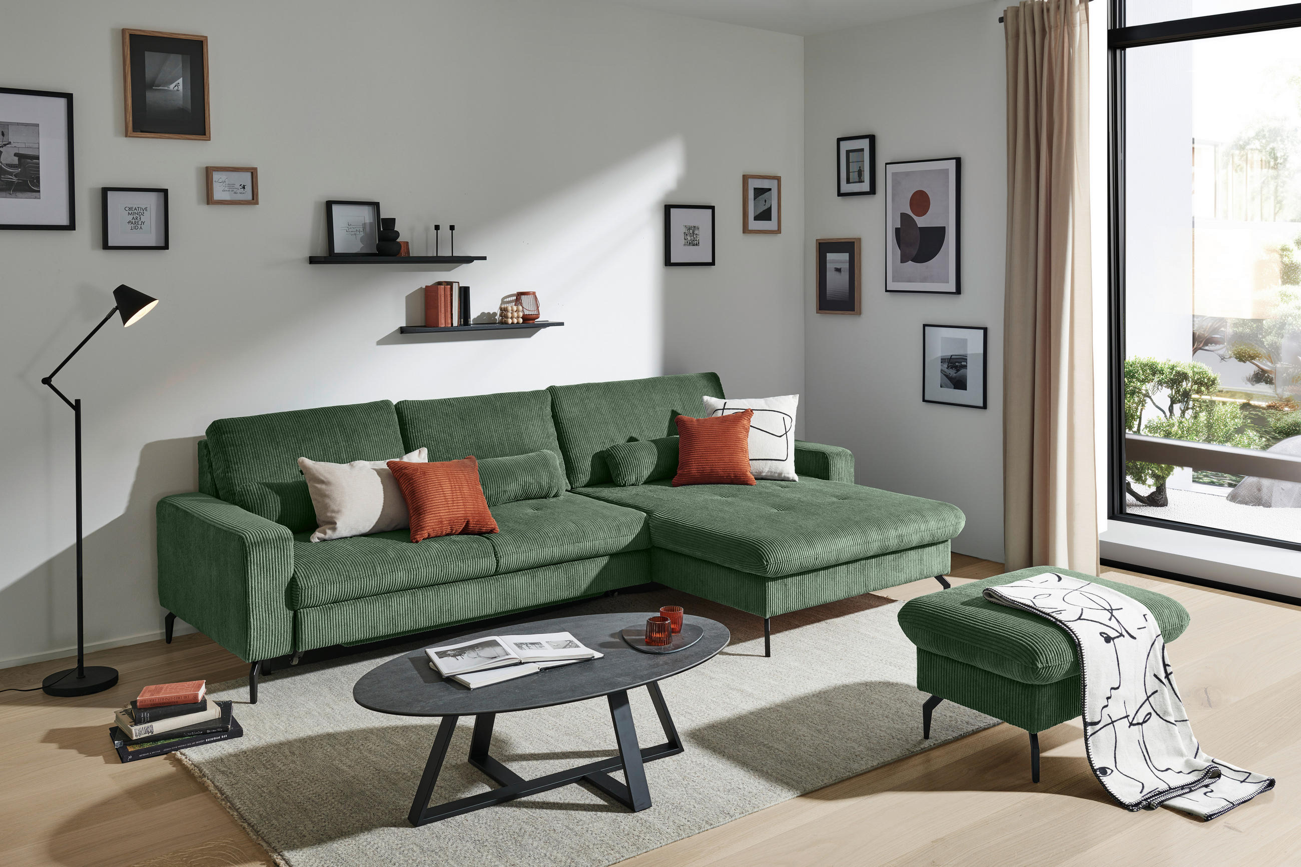 ECKSOFA Olivgrün Cord  - Schwarz/Olivgrün, Design, Textil/Metall (302/180cm) - Venda