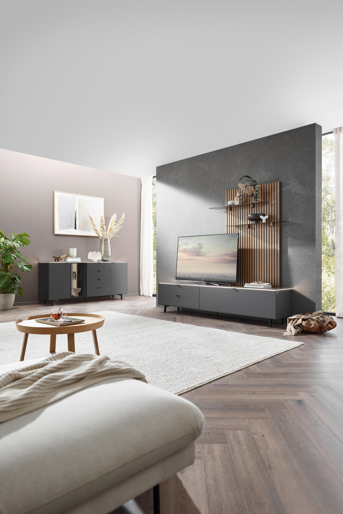 WOHNWAND RIANI 3-teilig  in Anthrazit, Naturfarben, Eichefarben  216/198,3/46 cm LED-Leuchtmittel   - Eichefarben/Anthrazit, Design, Glas/Holz (216/198,3/46cm) - Dieter Knoll