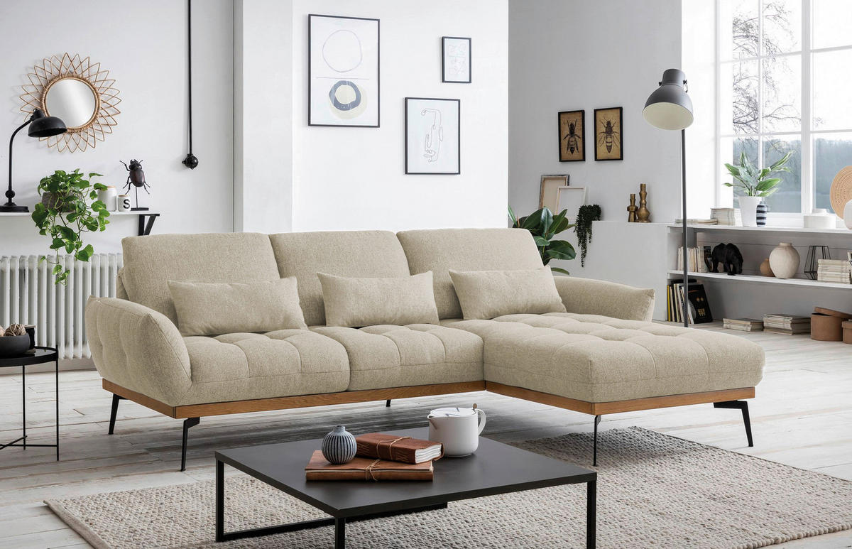ECKSOFA Naturfarben, Sandfarben Flachgewebe  - Sandfarben/Eichefarben, Design, Holz/Textil (245/171cm) - Stylife