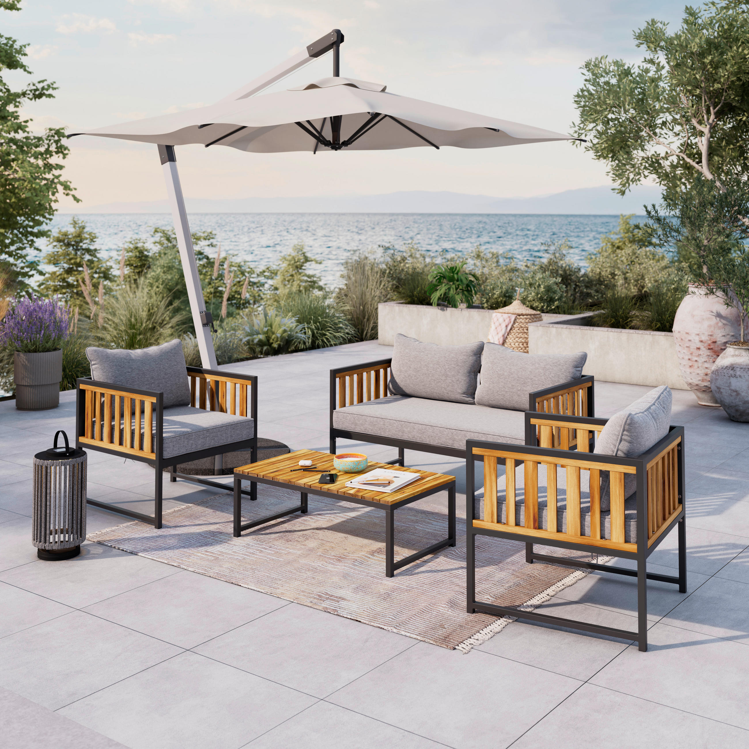LOUNGEGARNITUR   Akazie massiv Eisen  - Schwarz/Akaziefarben, MODERN, Holz/Textil - Beldano