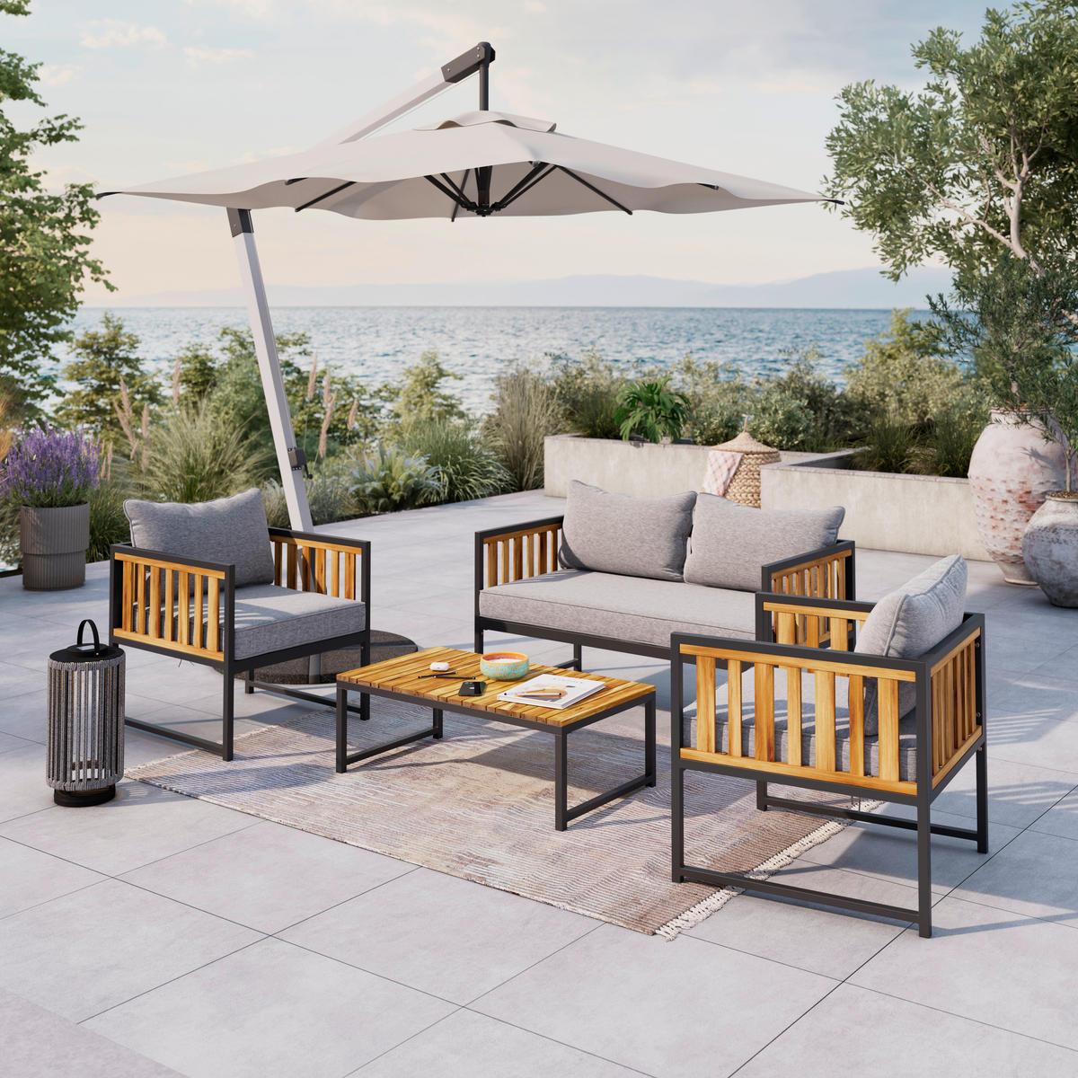 LOUNGEGARNITUR   Akazie massiv Eisen  - Schwarz/Akaziefarben, MODERN, Holz/Textil - Beldano