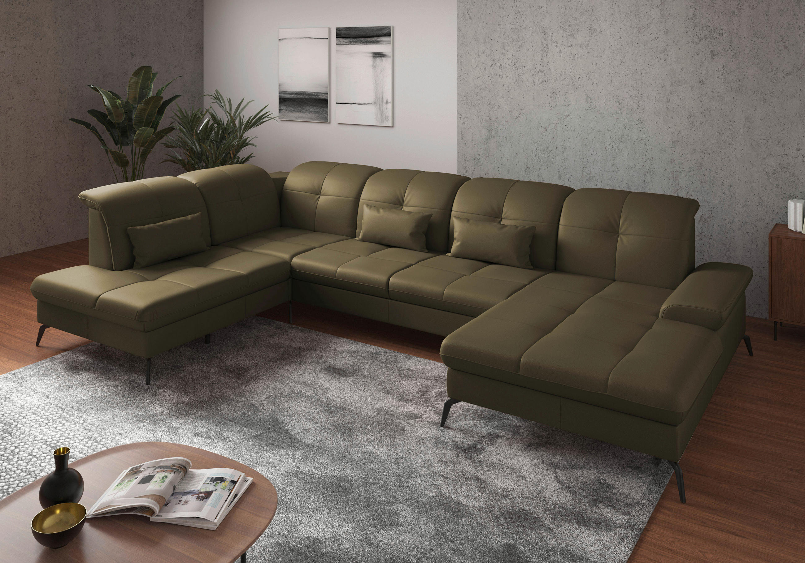 WOHNLANDSCHAFT Olivgrün Echtleder  - Schwarz/Olivgrün, KONVENTIONELL, Leder/Metall (231/357/185cm) - Sit & More