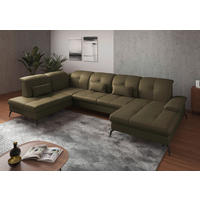 WOHNLANDSCHAFT Olivgrün Kombination Echtleder/Stoff Vliesstoff  - Schwarz/Olivgrün, KONVENTIONELL, Leder/Textil (231/357/185cm) - Sit & More