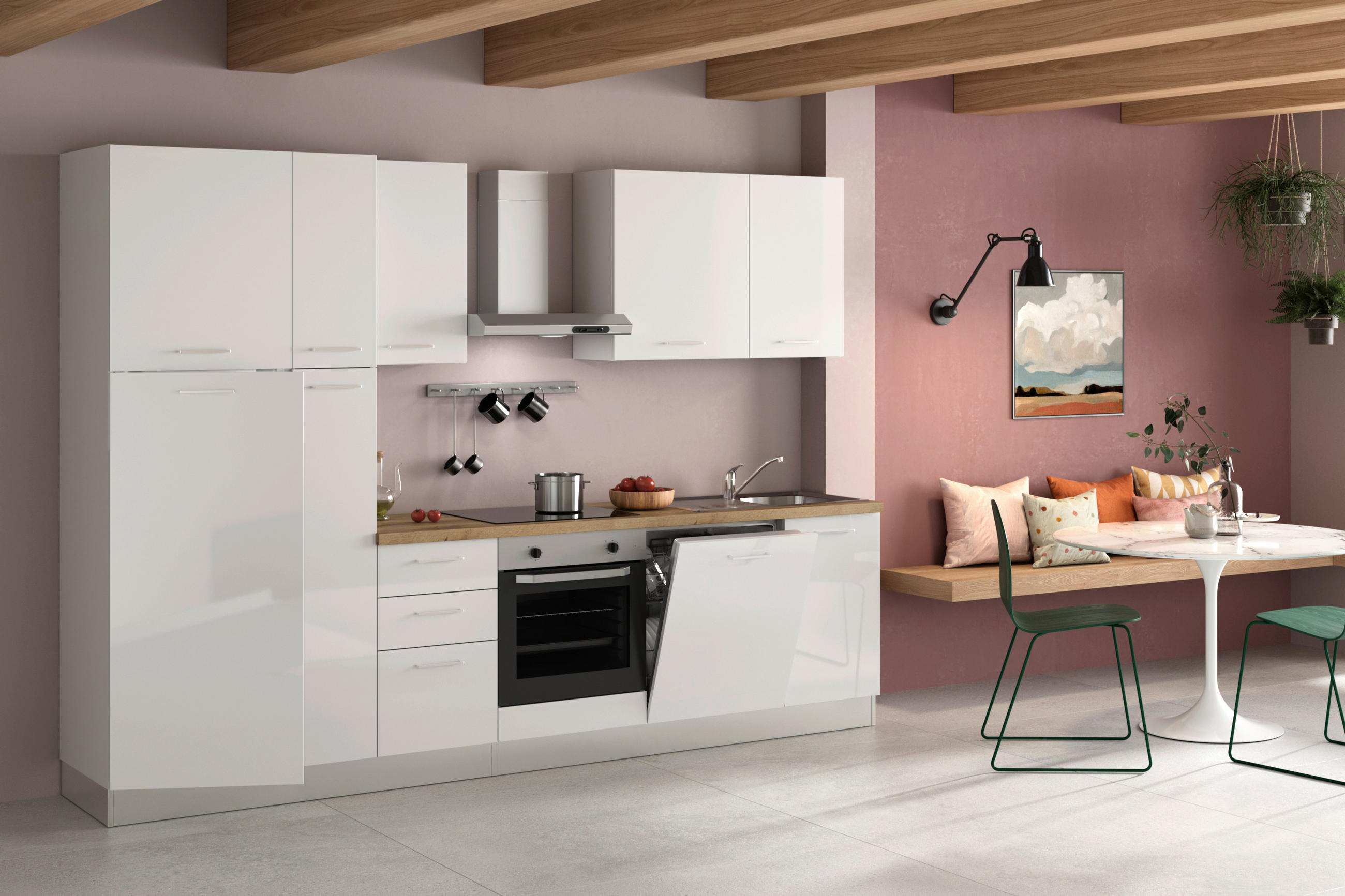 BLOK KUHINJA S APARATIMA bijela visoki sjaj - bijela/boje hrasta, Lifestyle, drvni materijal/metal (300/216/60cm) - Italstyle