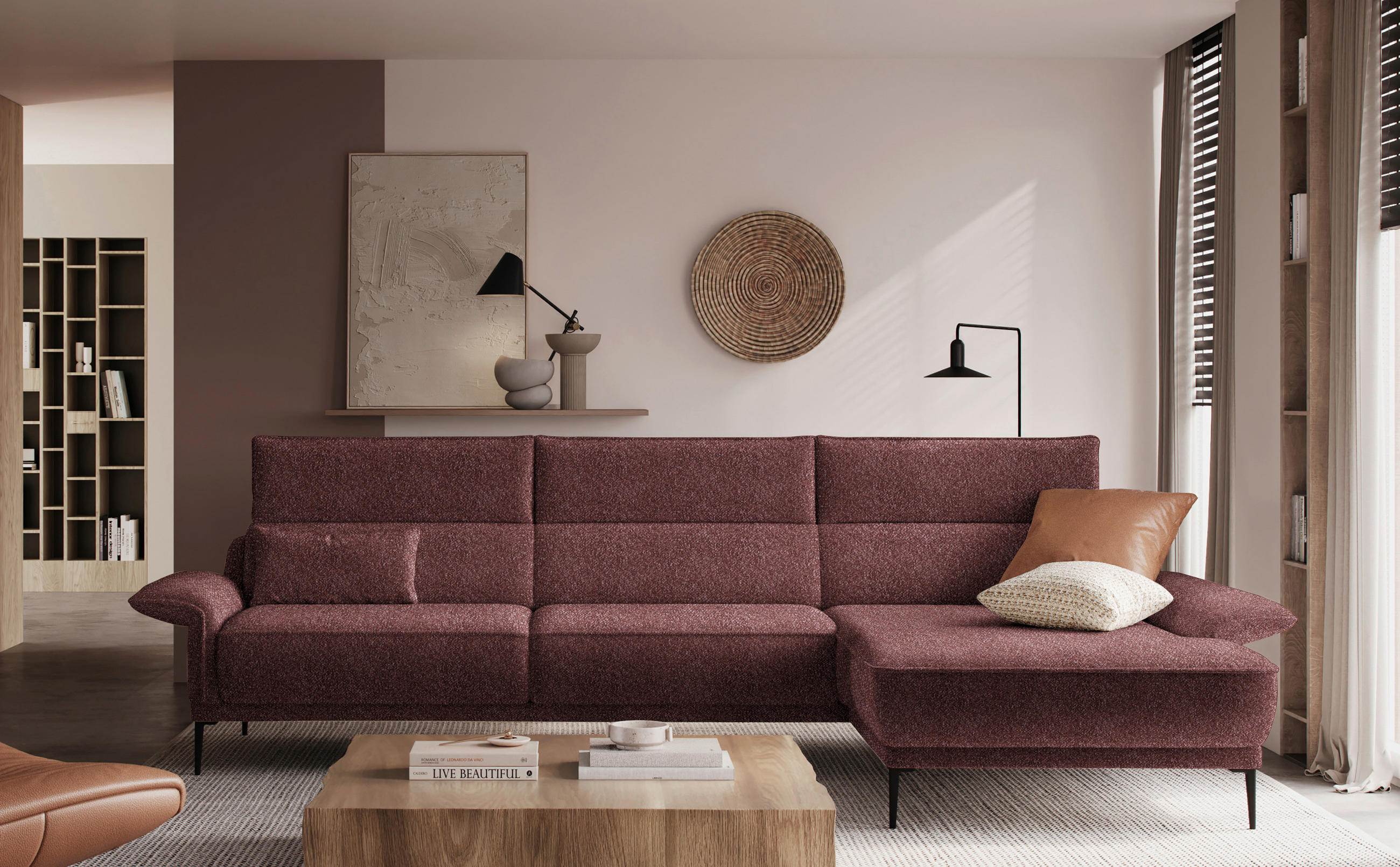 ECKSOFA in Bouclé Bordeaux  - Bordeaux/Schwarz, Design, Textil/Metall (330/186cm) - Johann Jakob