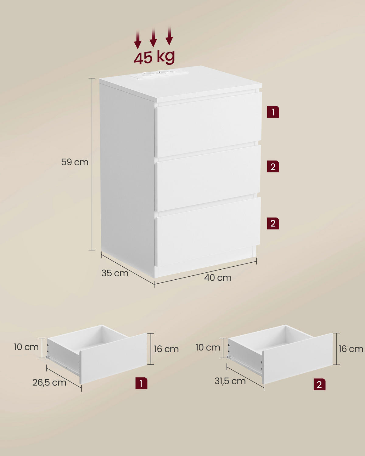 NACHTSCHRANK 40/59/35 cm  - Weiß, Basics, Holzwerkstoff (40/59/35cm) - Boxxx