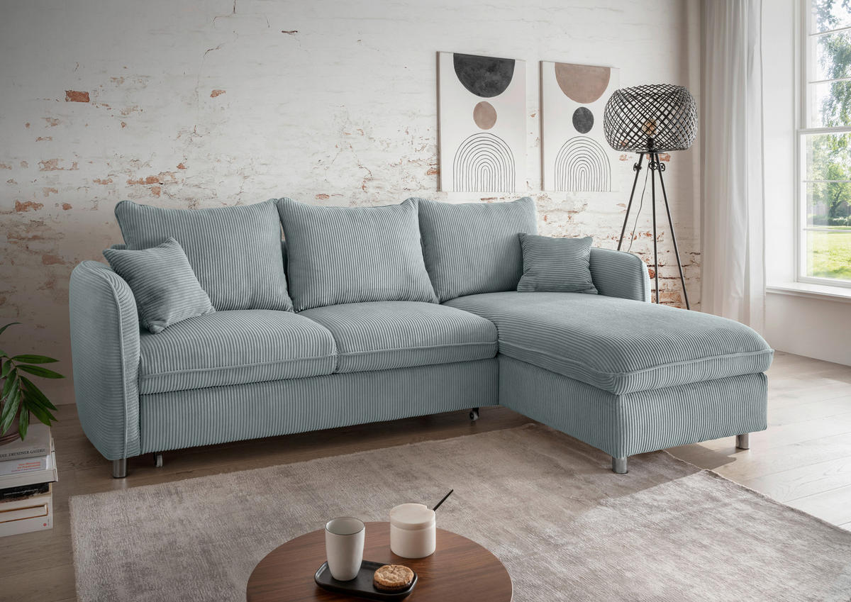 ECKSCHLAFSOFA in Cord Hellblau  - Chromfarben/Hellblau, MODERN, Textil/Metall (254/160cm) - Livetastic