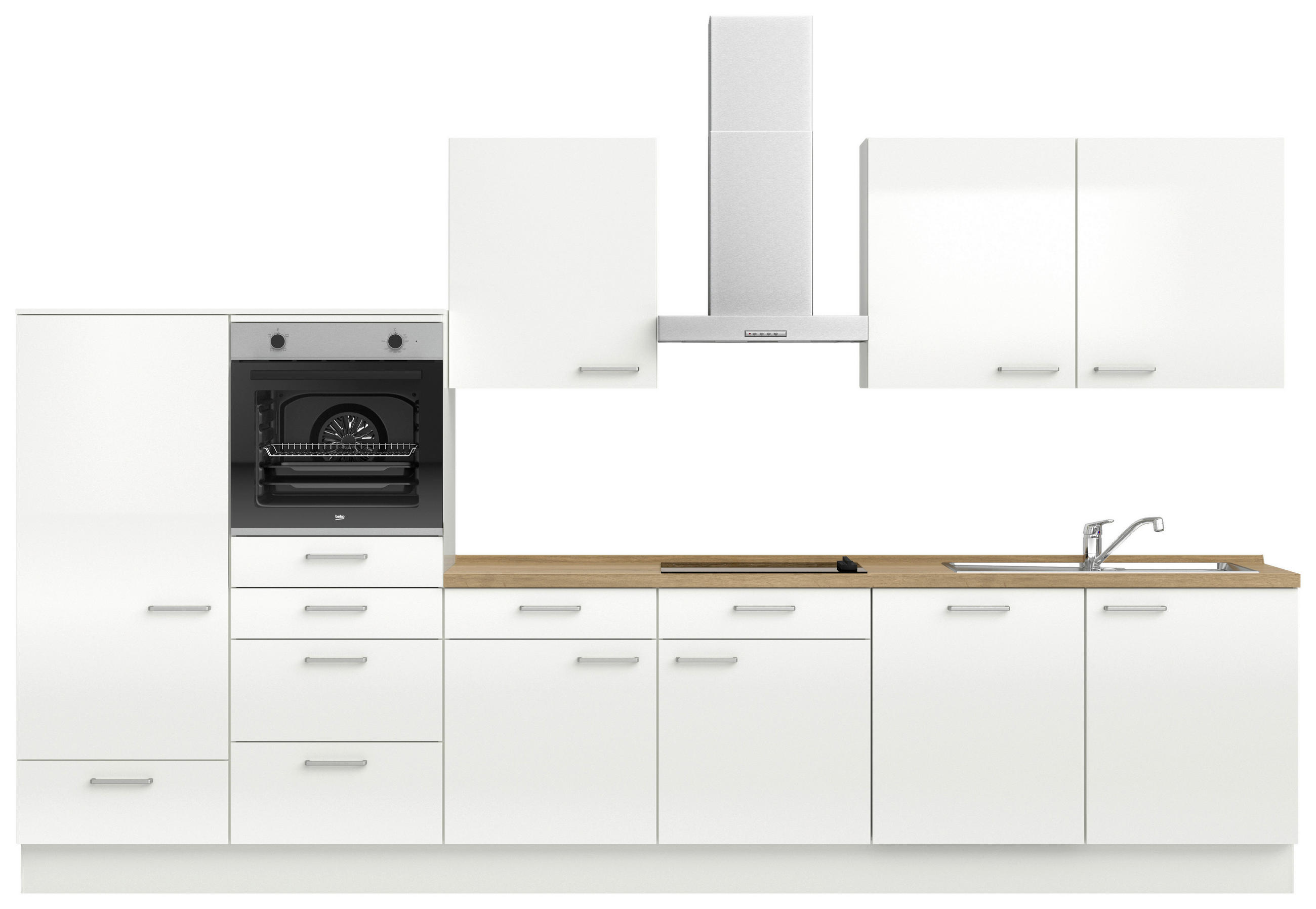 KÜCHENLEERBLOCK 360 cm in Eichefarben, Weiß Hochglanz - Edelstahlfarben/Eichefarben, MODERN, Holzwerkstoff/Metall (360cm) - Nobilia