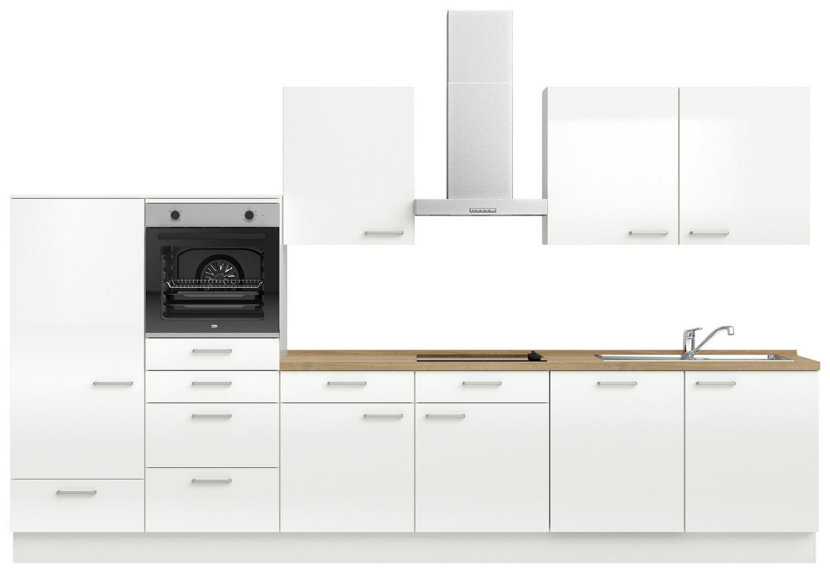 KÜCHENLEERBLOCK 360 cm   in Eichefarben, Weiß Hochglanz  - Edelstahlfarben/Eichefarben, MODERN, Holzwerkstoff/Metall (360cm) - Nobilia