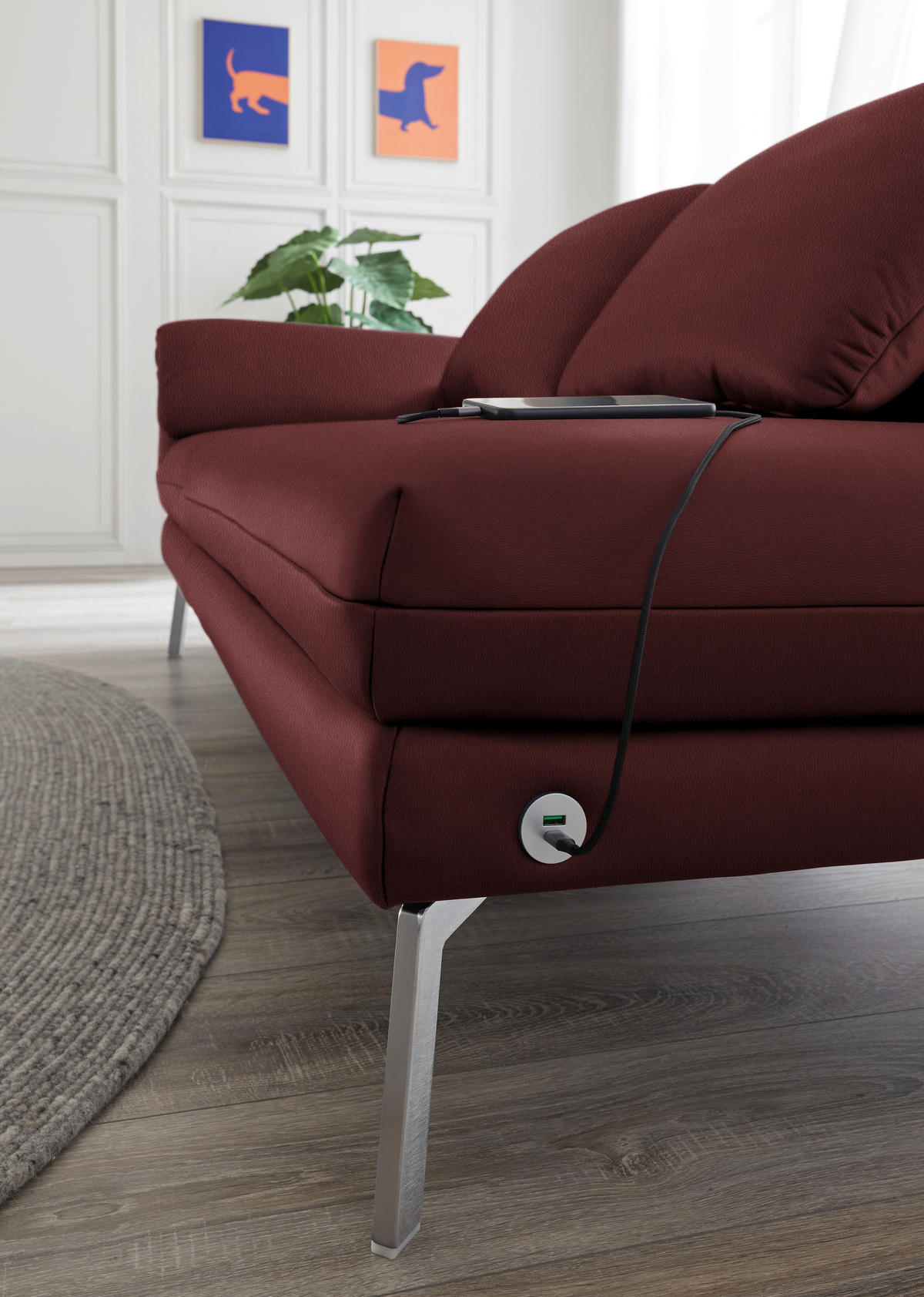 RÉCAMIERE in Echtleder Rot  - Chromfarben/Rot, Design, Leder/Metall (209/85-109/95-16cm) - Dieter Knoll