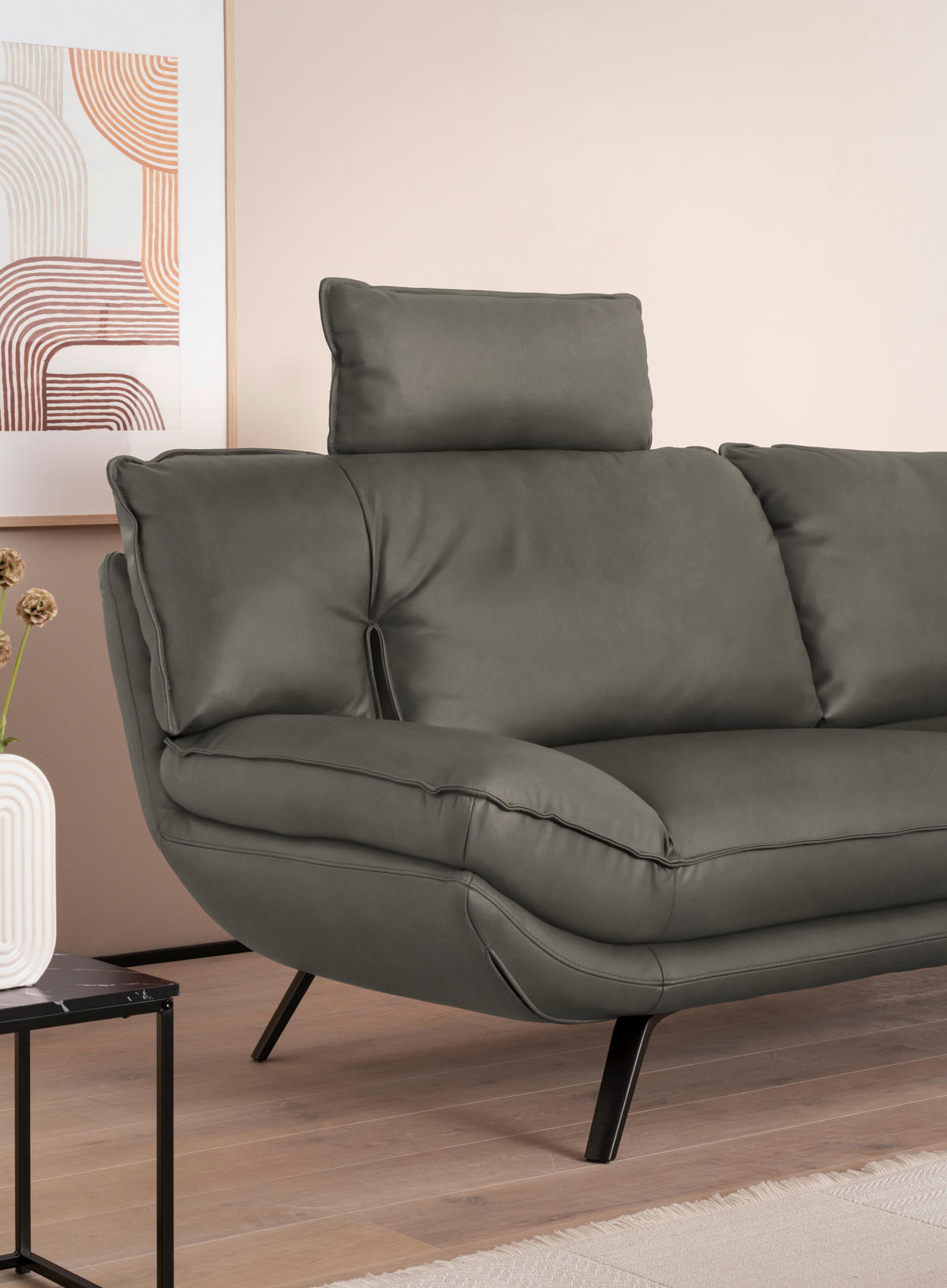 3-SITZER-SOFA in Echtleder Grau  - Schwarz/Grau, Design, Leder/Metall (226/95/95cm) - Celina