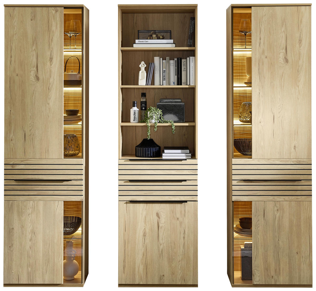 VITRINENKOMBINATION  in Eichefarben - Eichefarben/Schwarz, KONVENTIONELL, Glas/Holzwerkstoff (240/215/40cm) - Venda