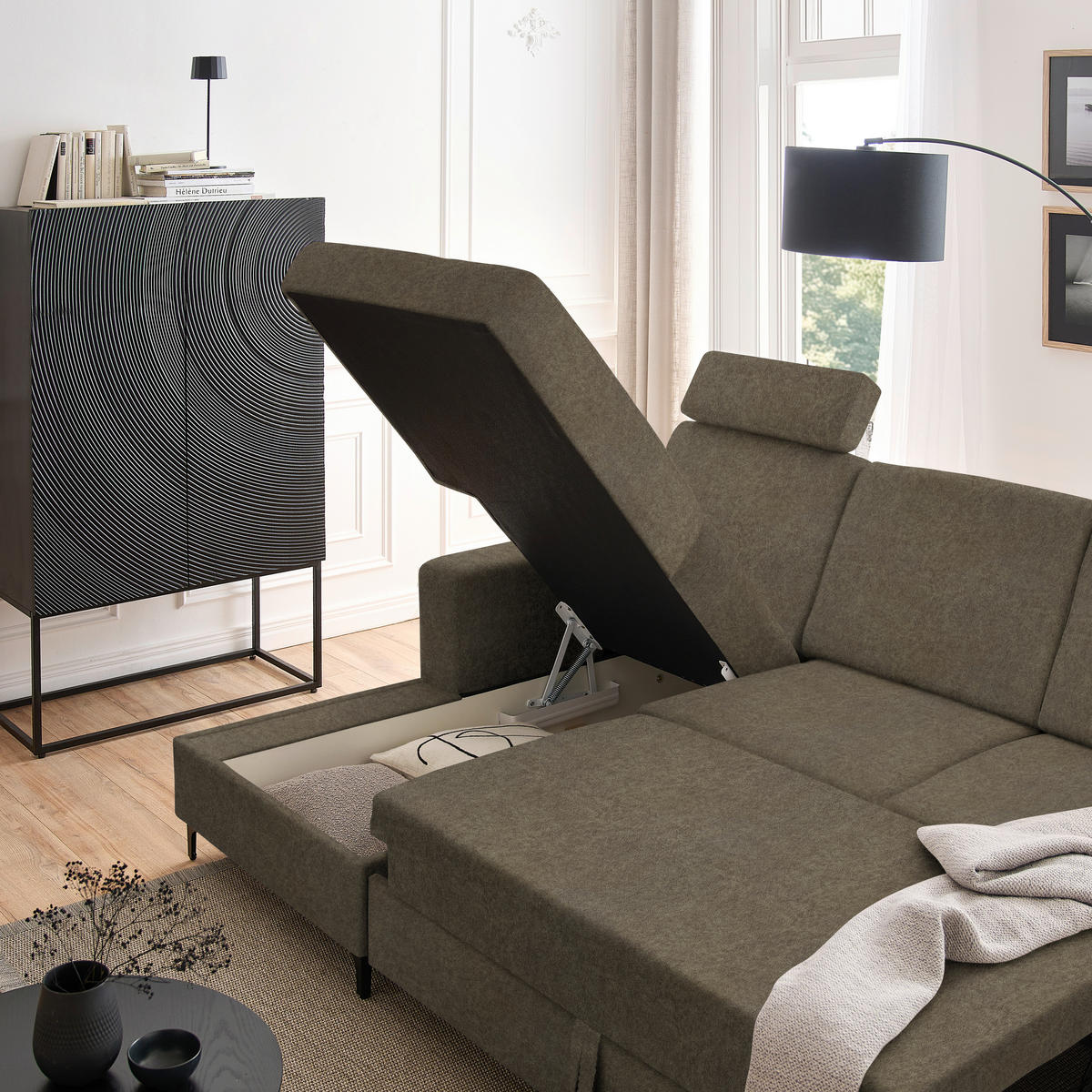 ECKSOFA in Velours Braun  - Schwarz/Braun, Konventionell, Textil/Metall (167/247cm) - Stylife