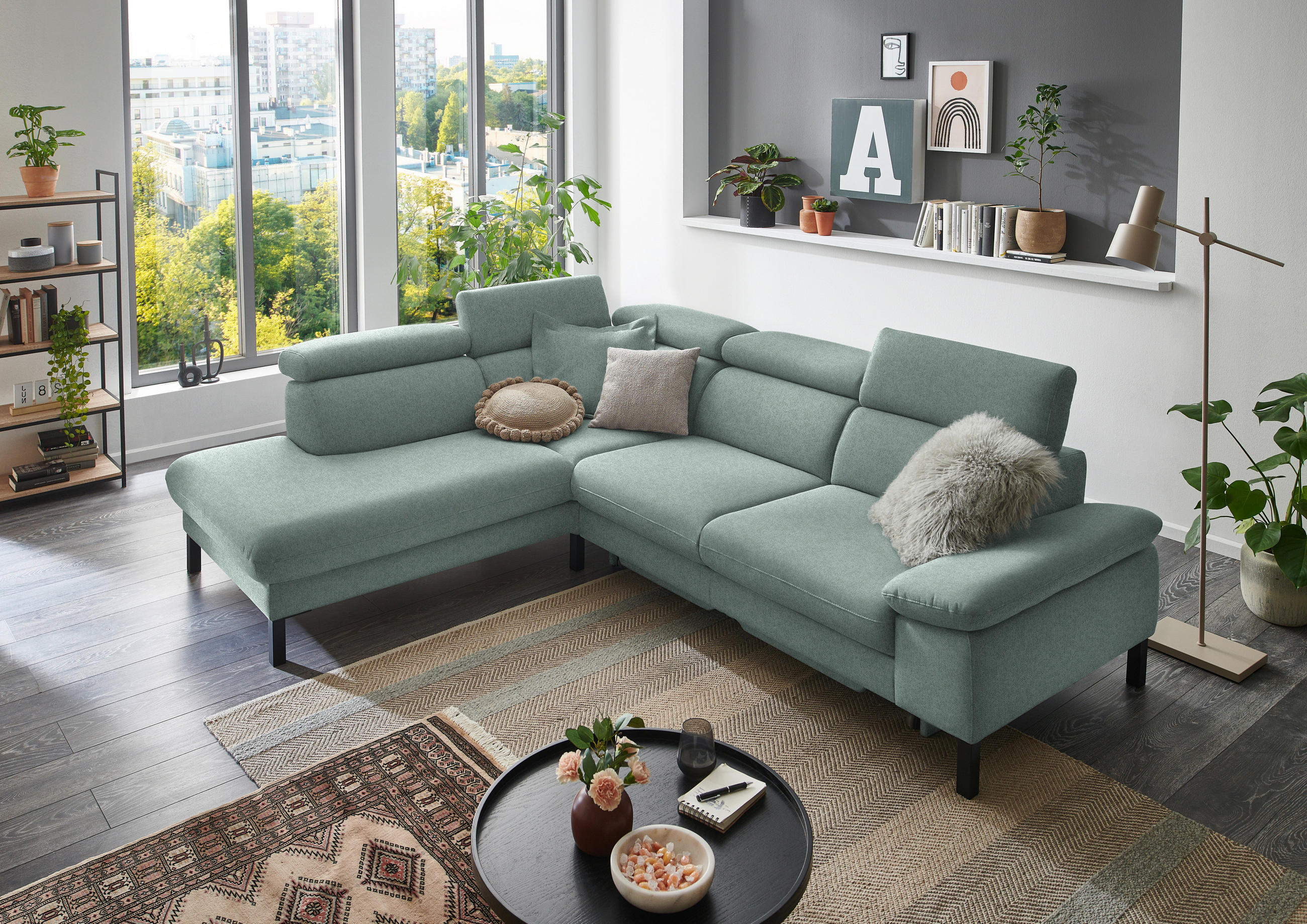 ECKSOFA in Flachgewebe Mintgrün  - Schwarz/Mintgrün, Design, Holzwerkstoff/Textil (217/272cm) - Pure Home Comfort