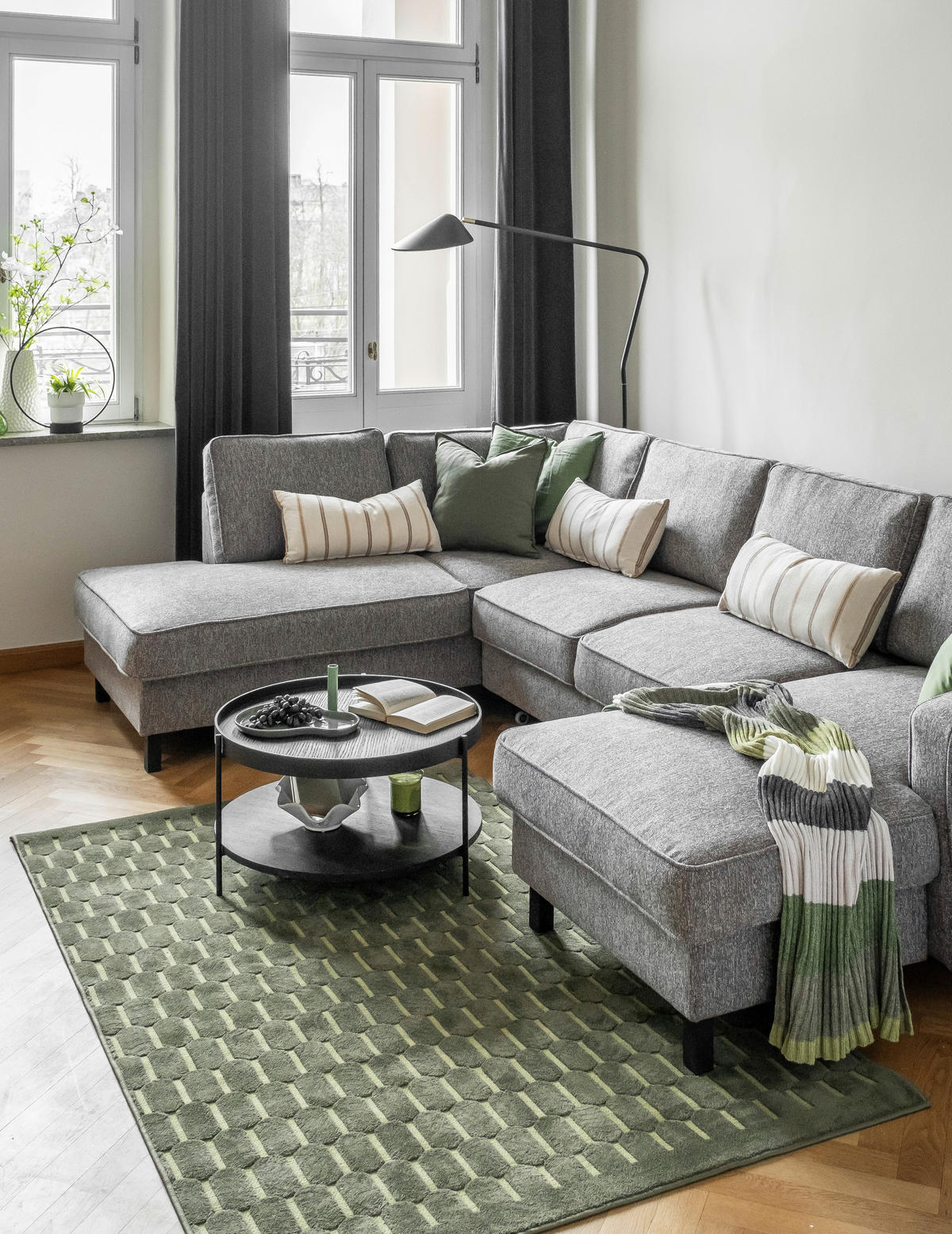 WOHNLANDSCHAFT in Struktur Grau  - Schwarz/Grau, Holz/Textil (198/298/148cm) - MID.YOU