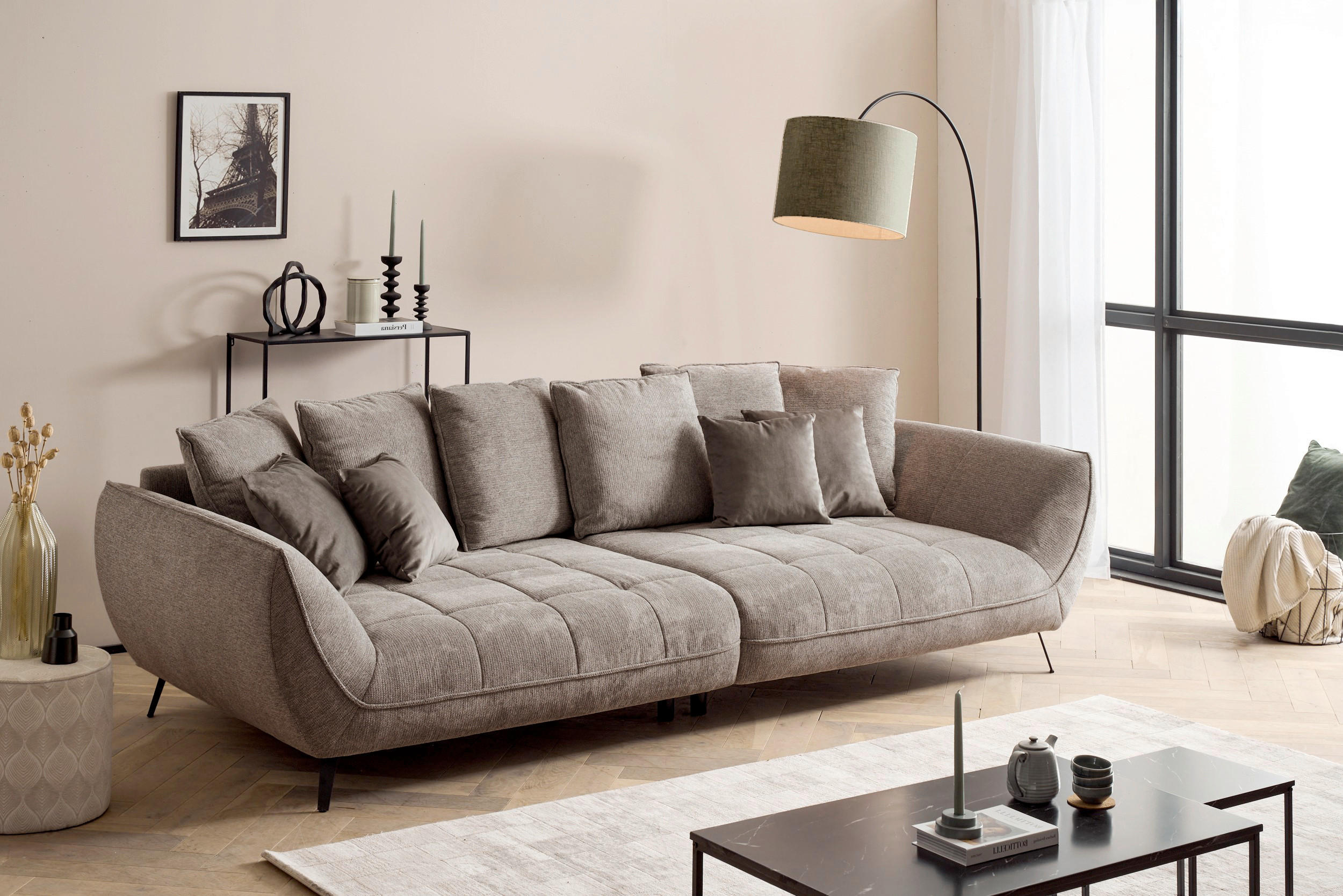 BIGSOFA Flachgewebe Taupe  - Taupe/Schwarz, Design, Textil/Metall (311/95/130cm) - Livetastic