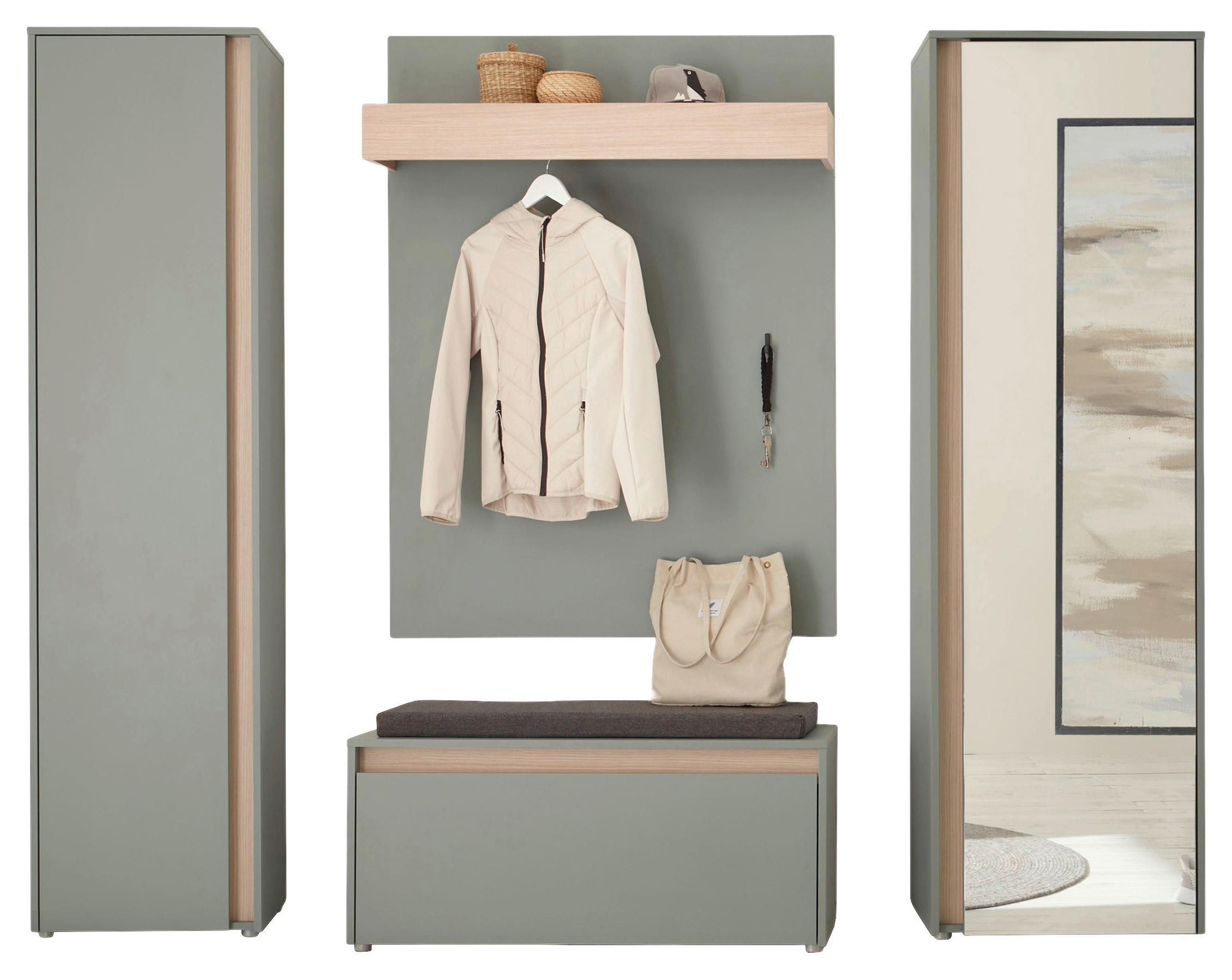 GARDEROBE 5-teilig  in 230/200/40 cm  - Eichefarben/Salbeigrün, Design, Glas/Holzwerkstoff (230/200/40cm) - Modante