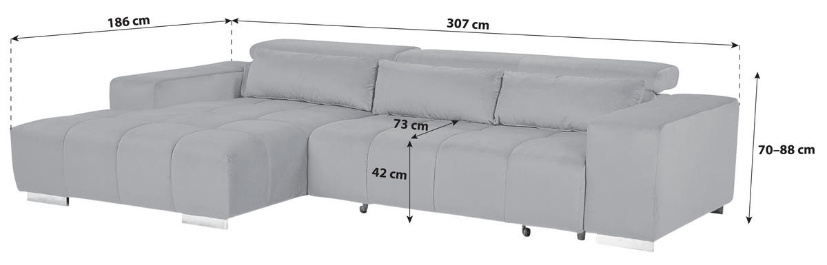 ECKSOFA Rot Velours Kopfteilverstellung  - Silberfarben/Rot, KONVENTIONELL, Textil/Metall (186/307cm) - Livetastic