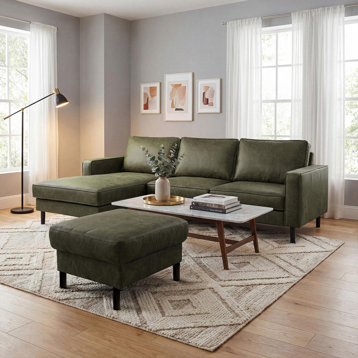 ECKSOFA Grün Echtleder Lederlook Rücken echt  - Grün, Design, Leder/Textil (166/238cm) - Livetastic