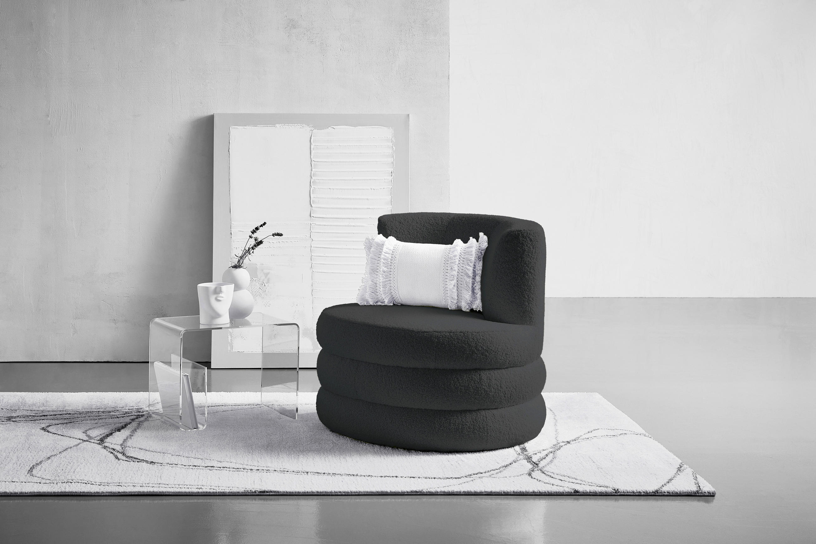 DESIGNSESSEL Flachgewebe, Teddystoff Dunkelgrau    - Edelstahlfarben/Dunkelgrau, Trend, Textil/Metall (90/82/85cm) - Livetastic