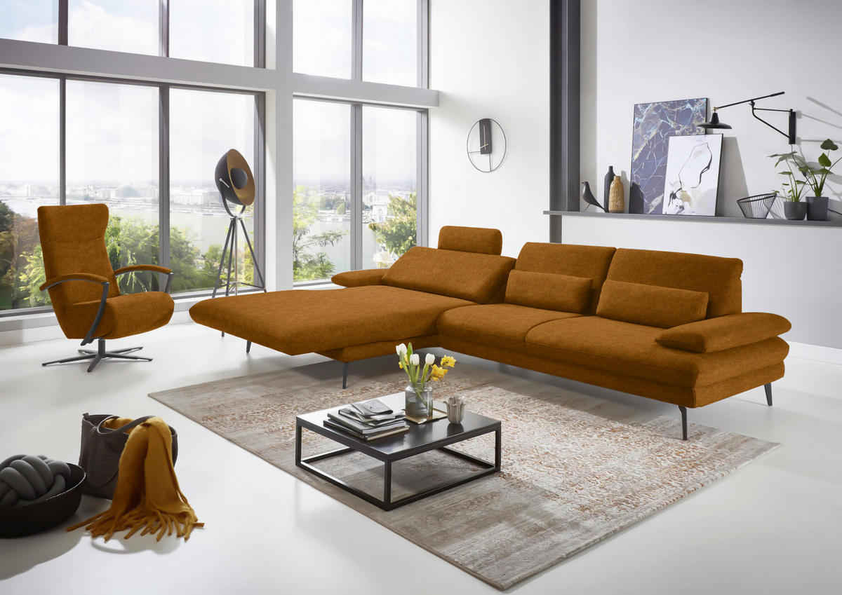 ECKSOFA in Velours Cognac  - Cognac/Schwarz, Design, Textil/Metall (180/310cm) - Dieter Knoll