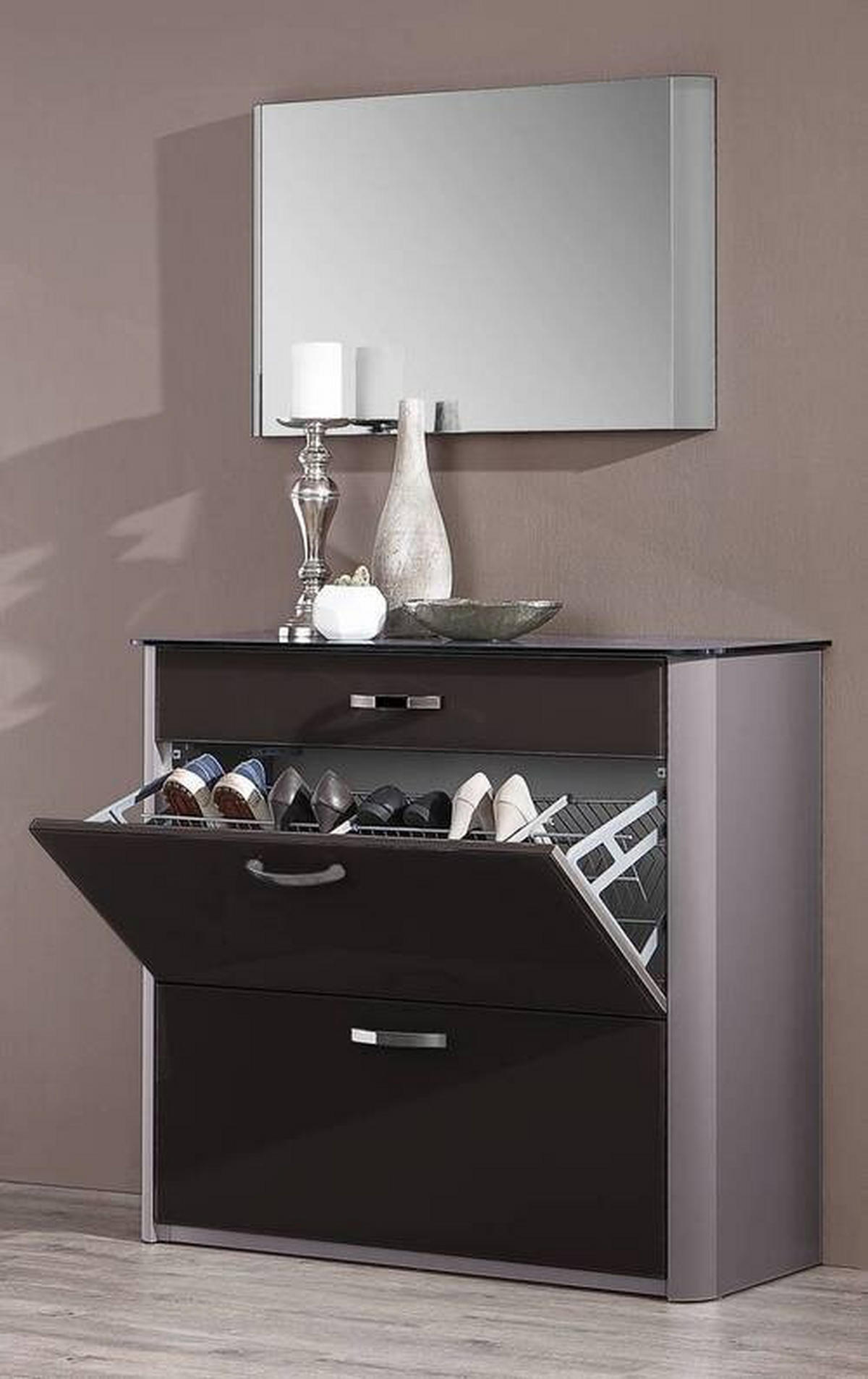 SCHUHSCHRANK Schwarz, Alufarben  - Chromfarben/Schwarz, Basics, Glas/Holzwerkstoff (117/97/28cm) - Moderano