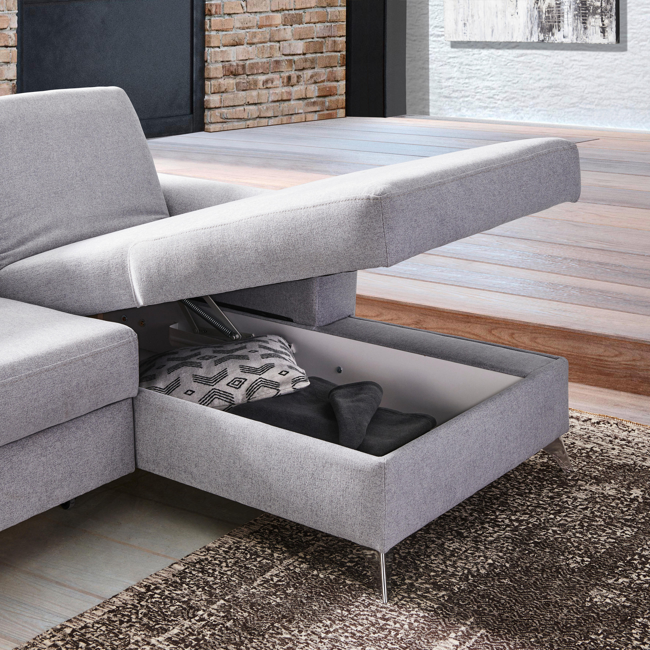 ECKSOFA in Flachgewebe Hellgrau  - Silberfarben/Hellgrau, Design, Textil/Metall (167/244cm) - Cantus