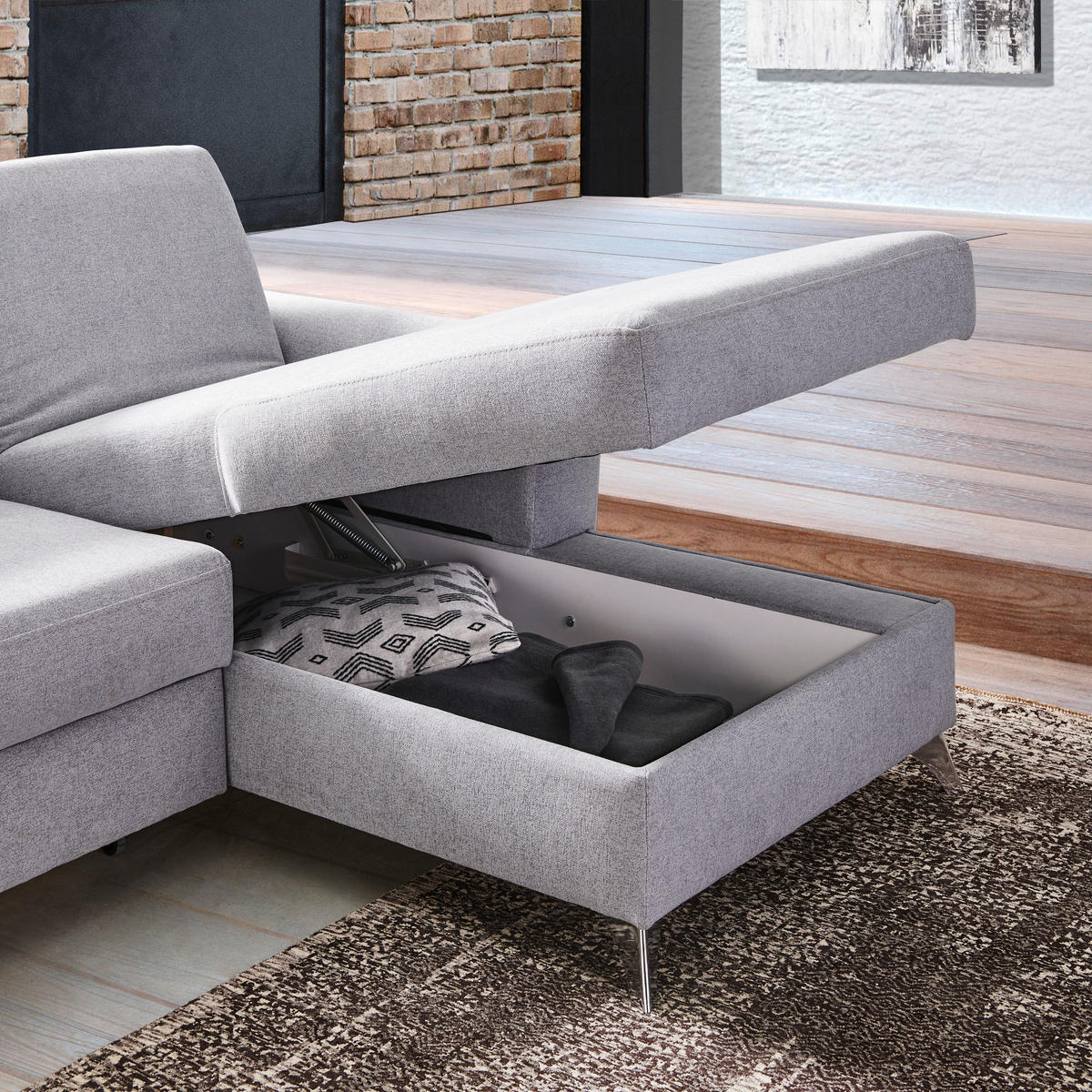 ECKSOFA in Flachgewebe Creme  - Silberfarben/Creme, Design, Textil/Metall (244/167cm) - Cantus