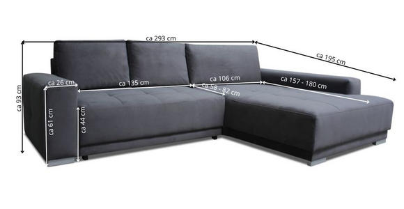 ECKSOFA inkl.Funktionen Grau Samt  - Silberfarben/Grau, Design, Holz/Textil (293/195cm) - Cantus