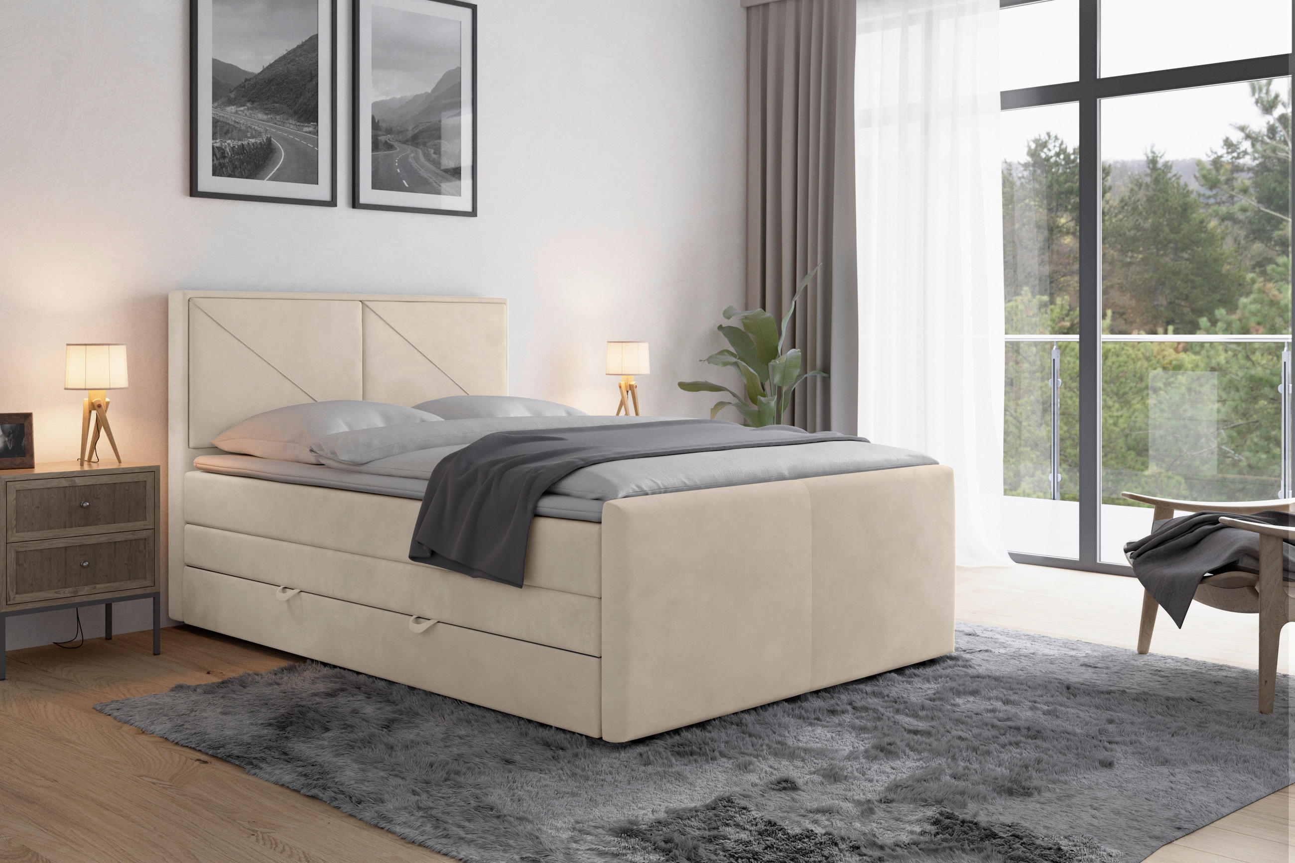 Thumbnail - Mid.you Boxspringbett, Weiß, Textil, Buche, Birke,Birke, Buche, H2, 7-Zonen, Höhe ca. 20 cm, 120x200 cm, Härtegradauswah...