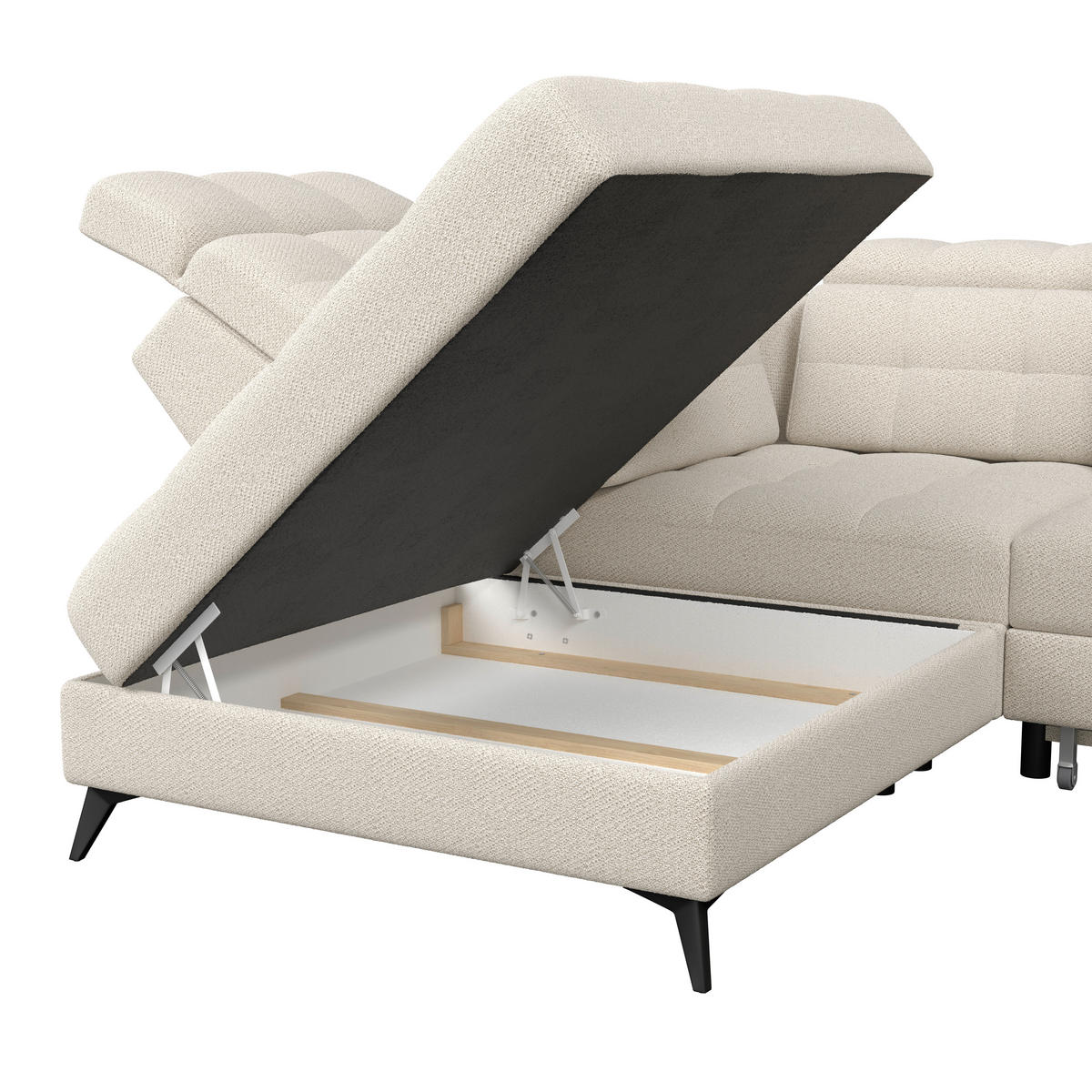 ECKSOFA BARLETTA NEW Creme Velours Bettkasten, Kopfteilverstellung, Sitztiefenverstellung, Liegefläche im Originalstoff  - Creme/Schwarz, ROMANTIK / LANDHAUS, Textil/Metall (228/289cm) - MID.YOU