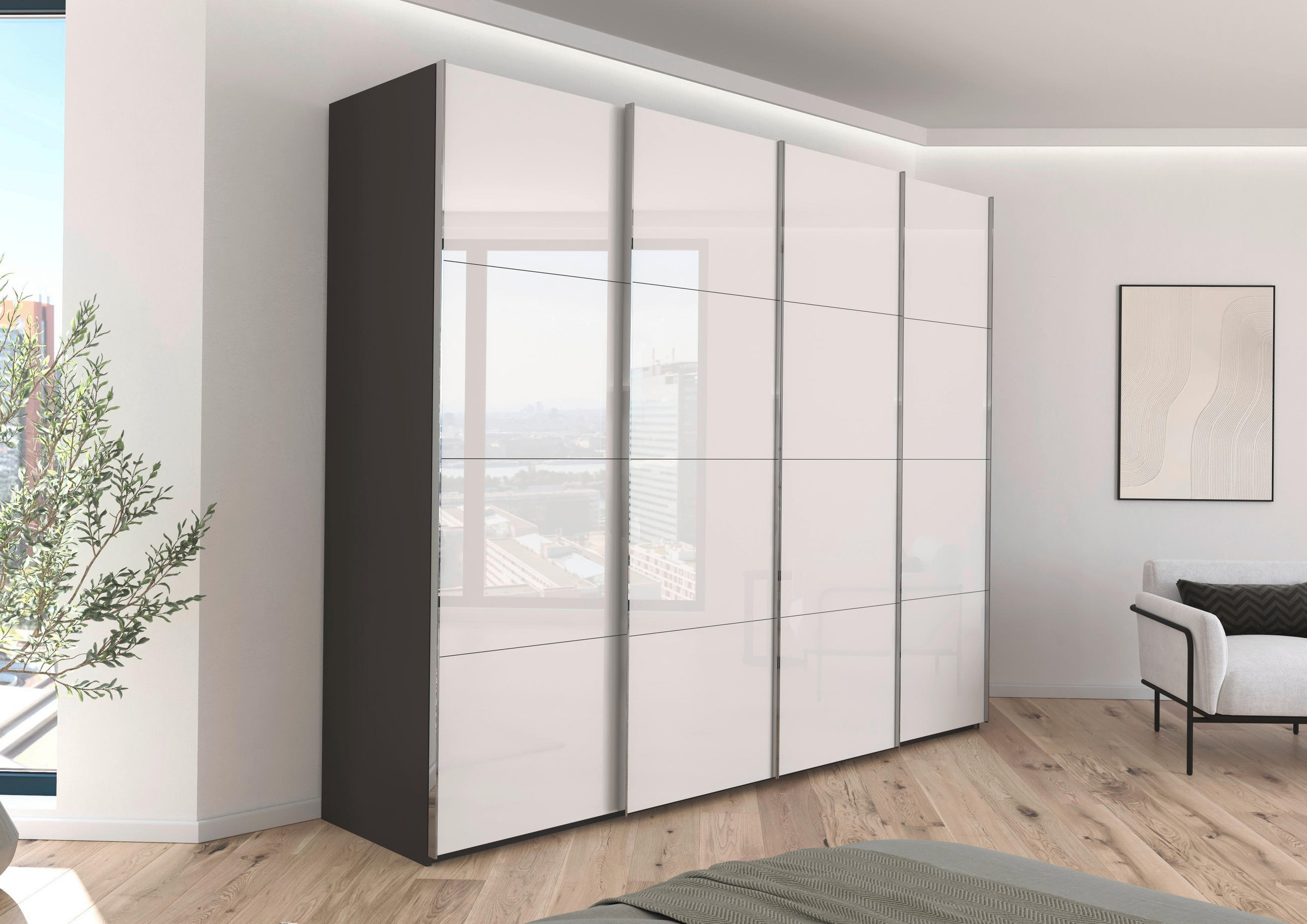 SCHWEBETÜRENSCHRANK 271/235/68 cm 4-türig Graphitfarben, Weiß  - Chromfarben/Graphitfarben, Design, Glas/Holzwerkstoff (271/235/68cm) - Novel